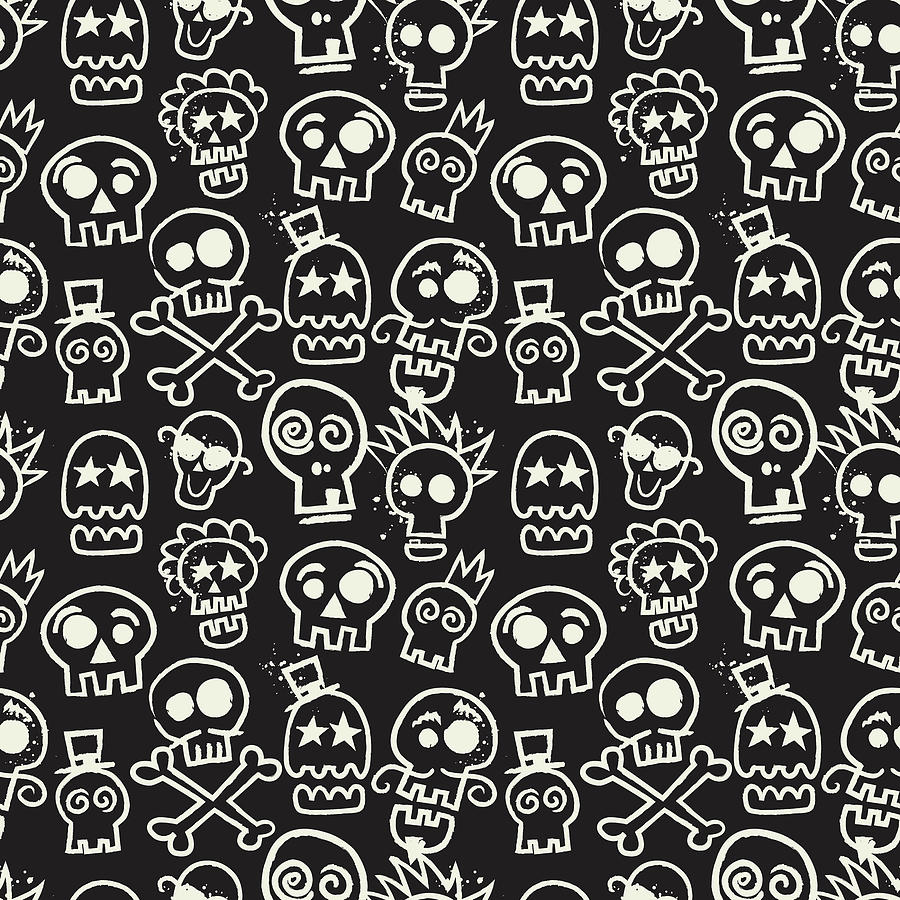 Sketchy Skull Seamless Repeat Wallpaper in Black Drawing
