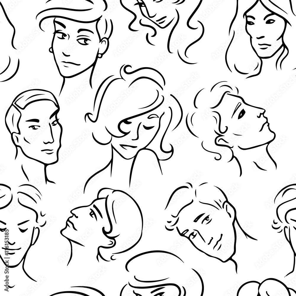 Seamless pattern with various sketchy people faces. Vector seamless texture for wallpaper, pattern fills, web page background Stock Vector