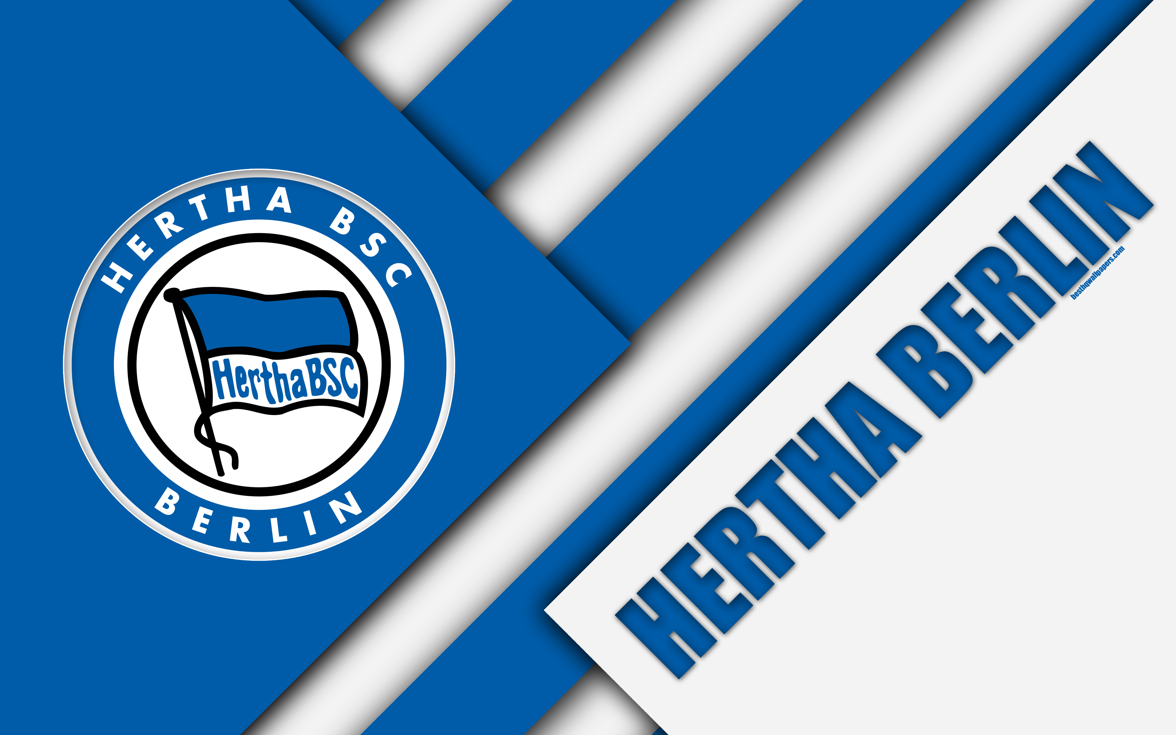 Download wallpaper Hertha Berlin, FC, 4k, material design, emblem, german football club, Hertha BSC logo, Bundesliga, blue abstraction, Berlin, Germany for desktop with resolution 3840x2400. High Quality HD picture wallpaper