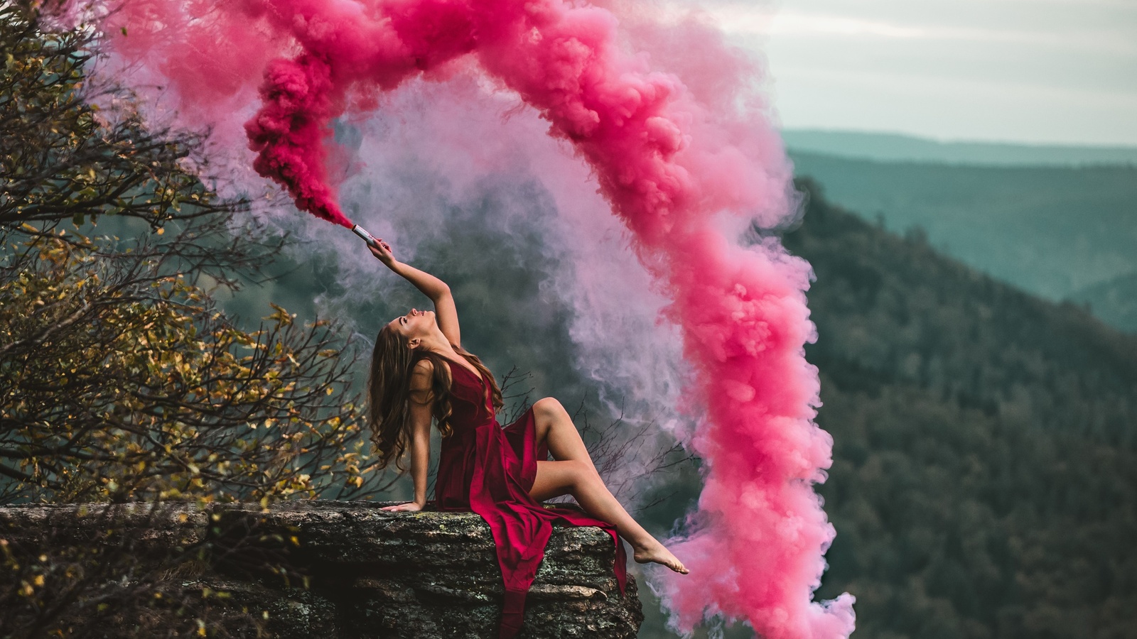 Girl Red Dress Smoke Bomb 1600x900 Resolution HD 4k Wallpaper, Image, Background, Photo and Picture
