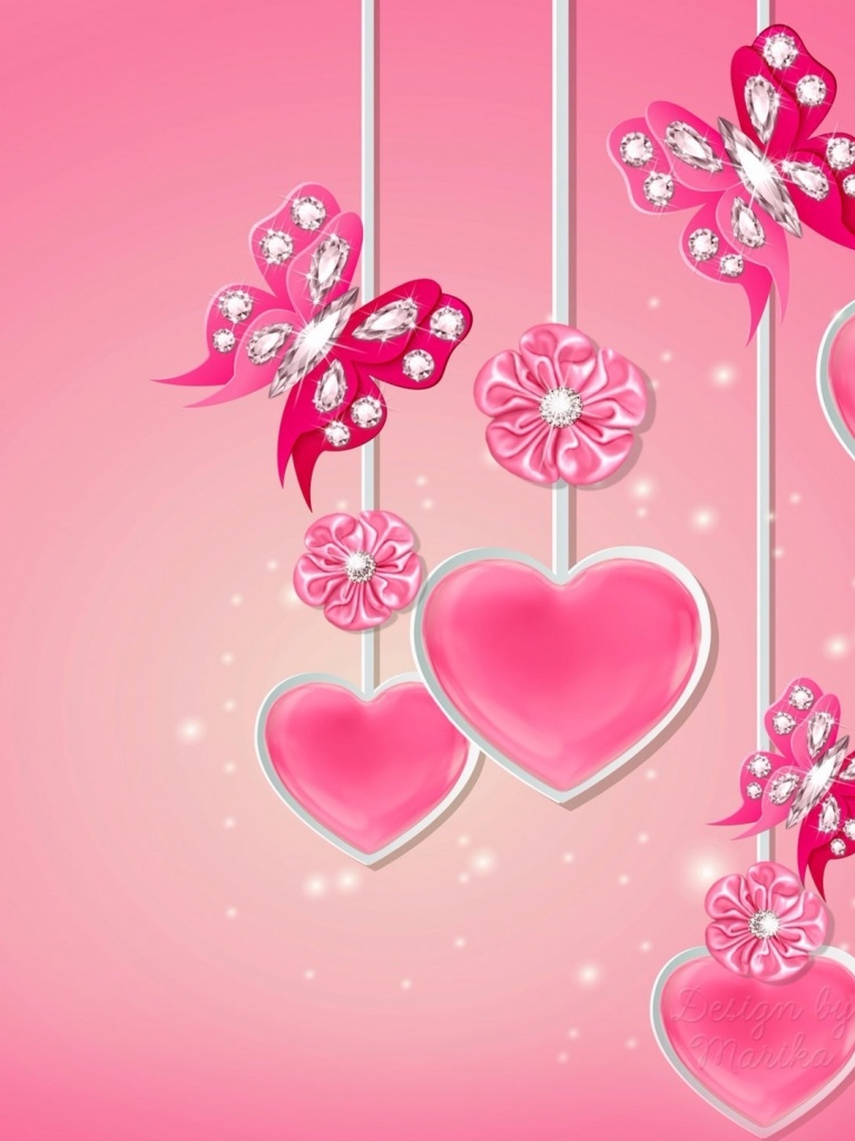 Pink Hearts Butterflys Flowers iPad wallpaper