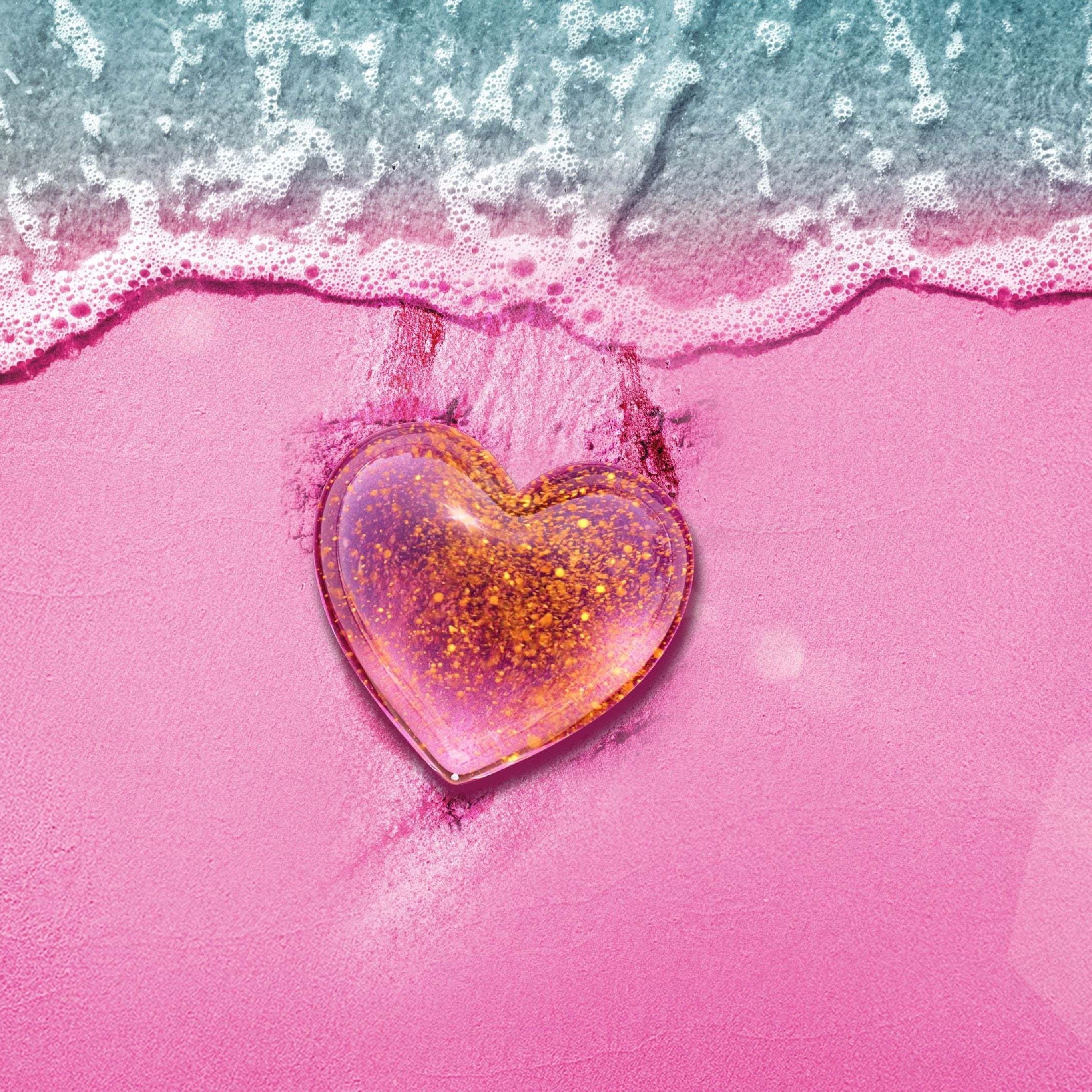 Love heart Wallpaper 4K, Beach, Pink background, Pink Heart, Aerial view, Love