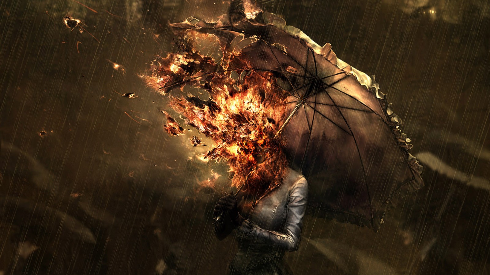 sunlight, digital art, women, fantasy art, dark, night, reflection, rain, artwork, umbrella, fire, explosion, darkness, screenshot, computer wallpaper High quality walls
