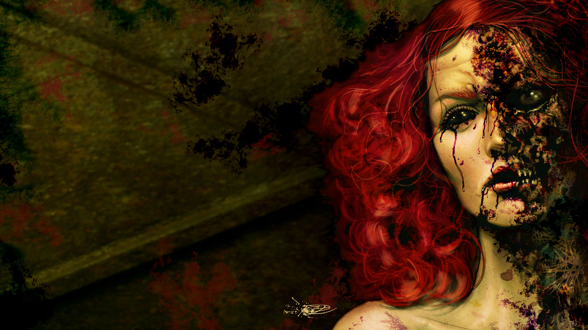 Dark art horror gothic decay ruin face eyes demon gore macabre women redhead evil wallpaperx1080