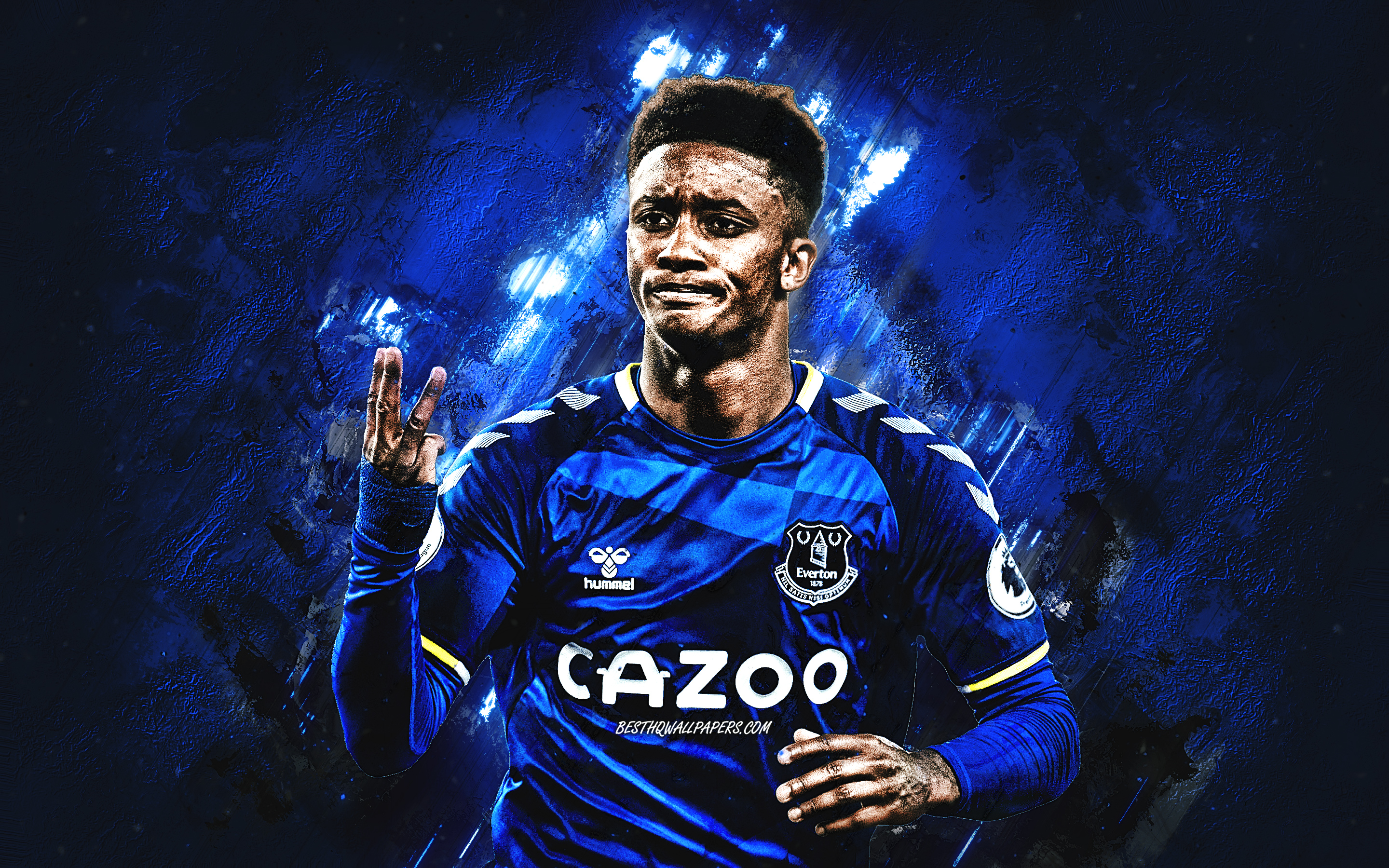Download wallpaper Demarai Gray, Everton FC, portrait, English footballer, blue stone background, soccer, Demarai Gray Everton, Premier League, England for desktop with resolution 2880x1800. High Quality HD picture wallpaper