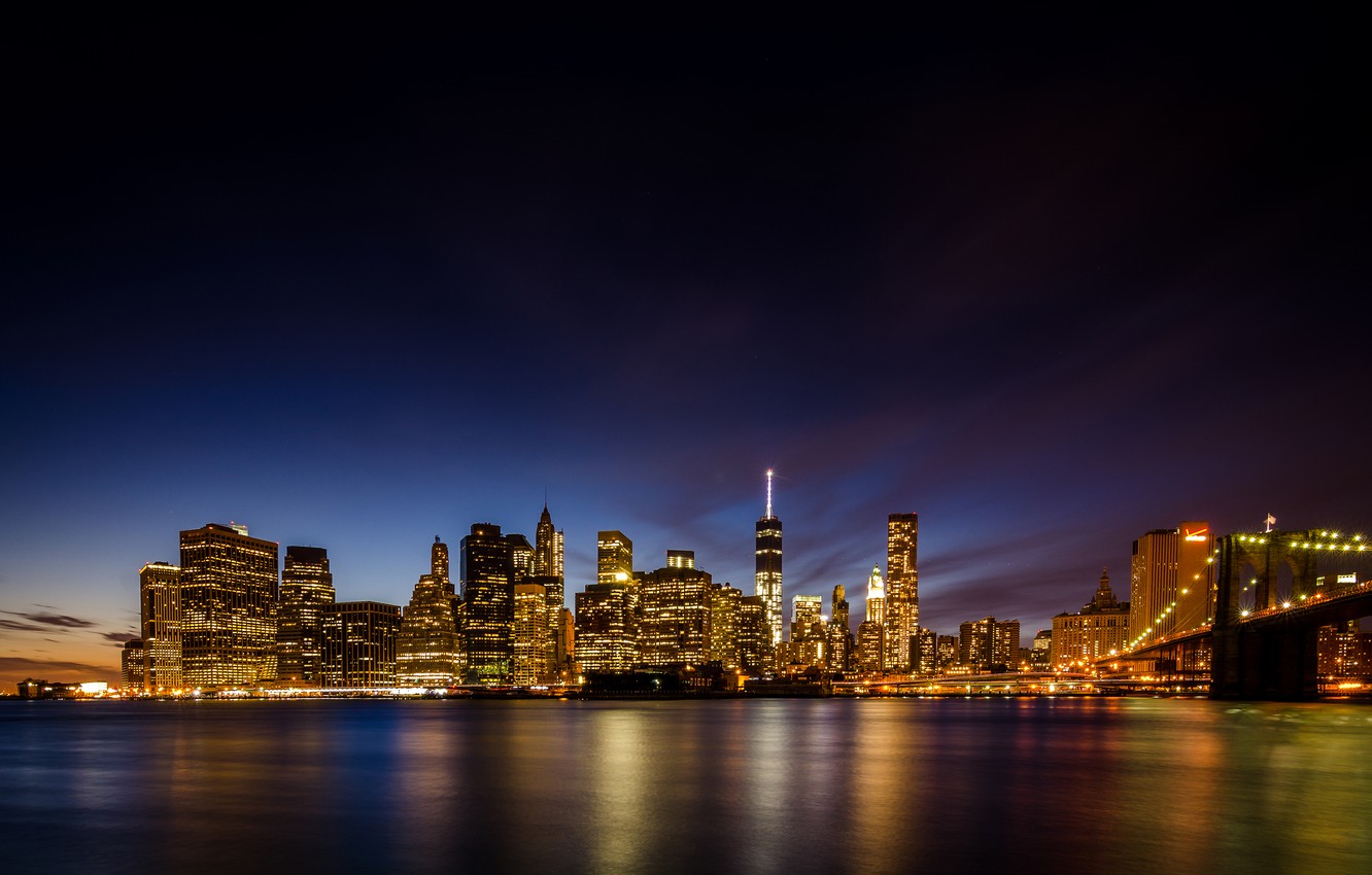Wallpaper night, bridge, the city, lights, river, NYC, Brooklyn Bridge Park image for desktop, section город
