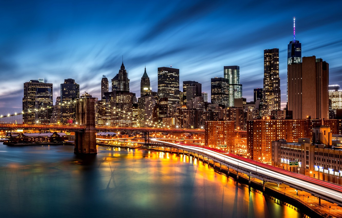 Wallpaper road, night, the city, lights, river, building, New York, skyscrapers, the evening, backlight, shadows, USA, Brooklyn bridge, Brooklyn, Manhattan, NYC image for desktop, section город