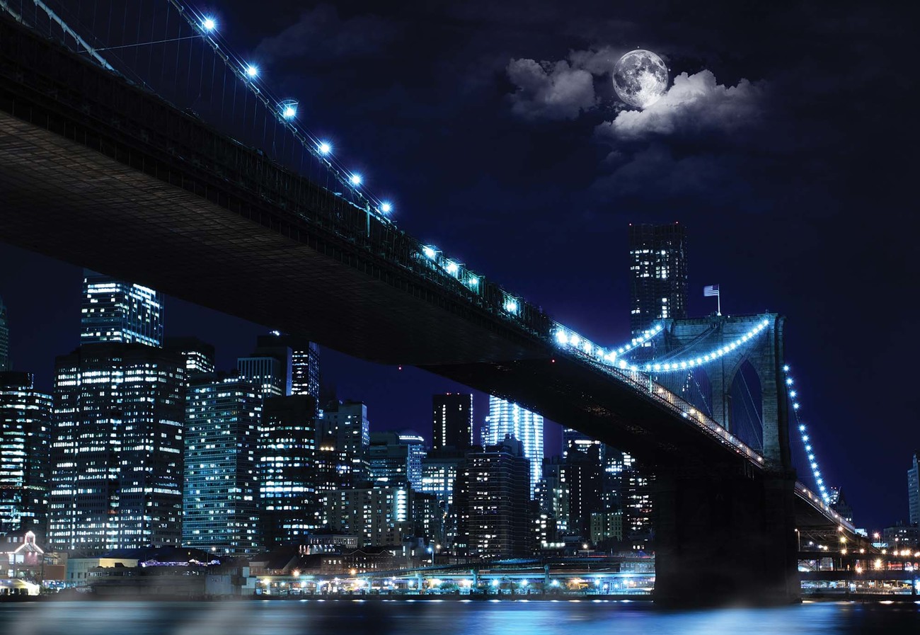 New York Brooklyn Bridge At Night Wall Paper Mural. Buy at Abposters.com