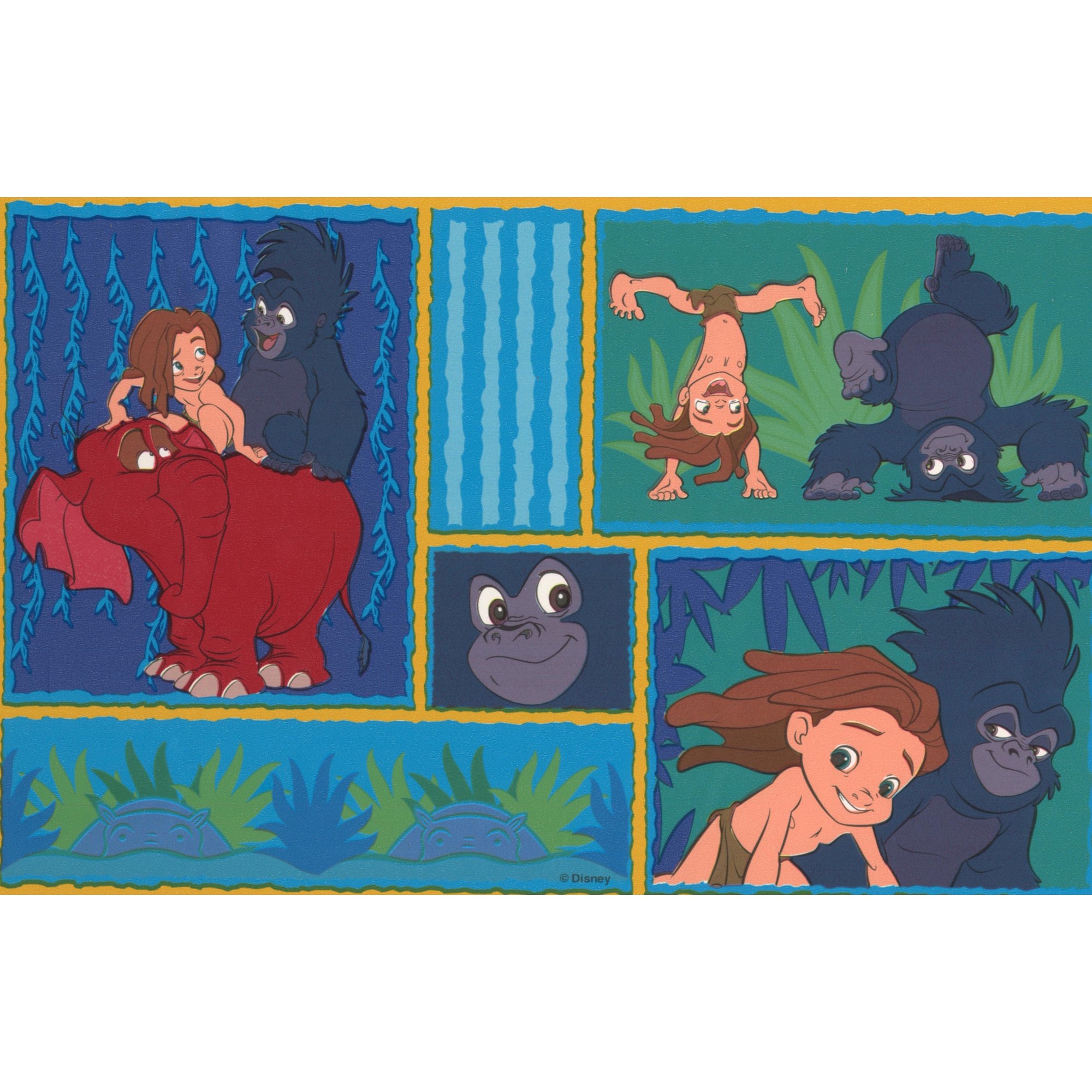 Tarzan with Animals Disney Cartoon Wallpaper Border, Green, Yellow, Red Baby Room, Roll 15' x 7''
