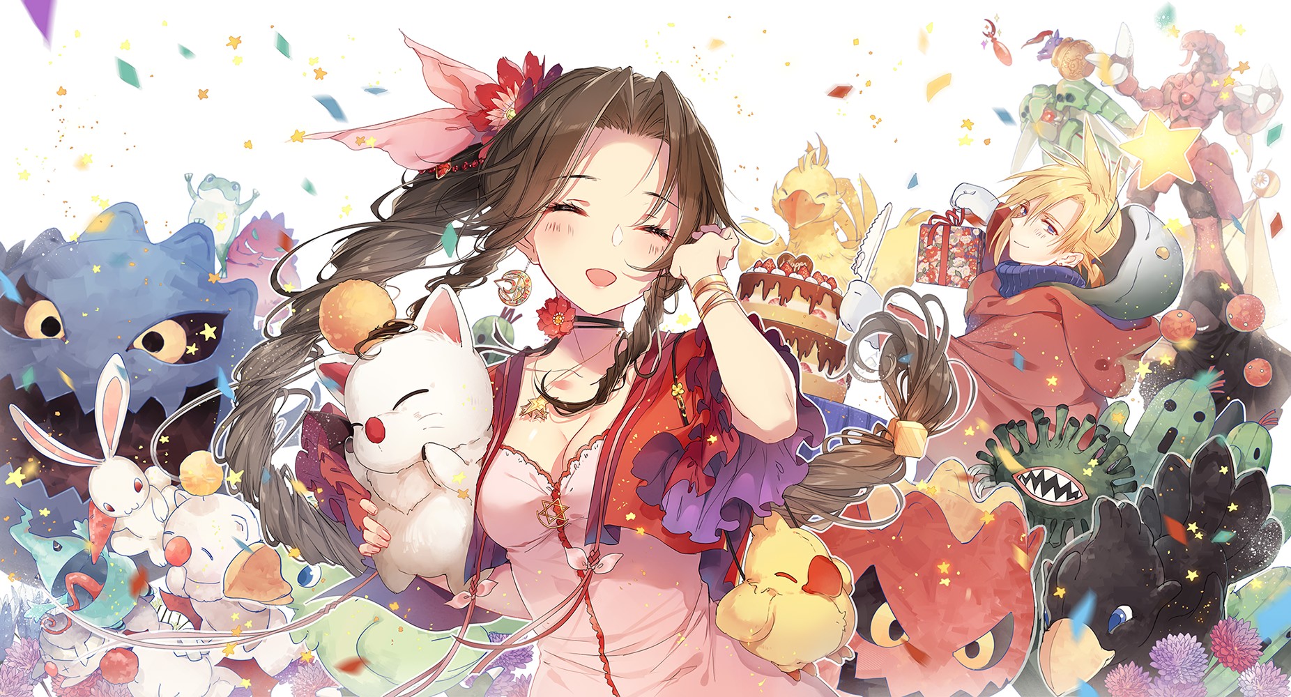 Aerith Gainsborough, Cloud Strife, Final Fantasy VII, Chocobo, Moogle, Anime girls Wallpaper HD / Desktop and Mobile Background
