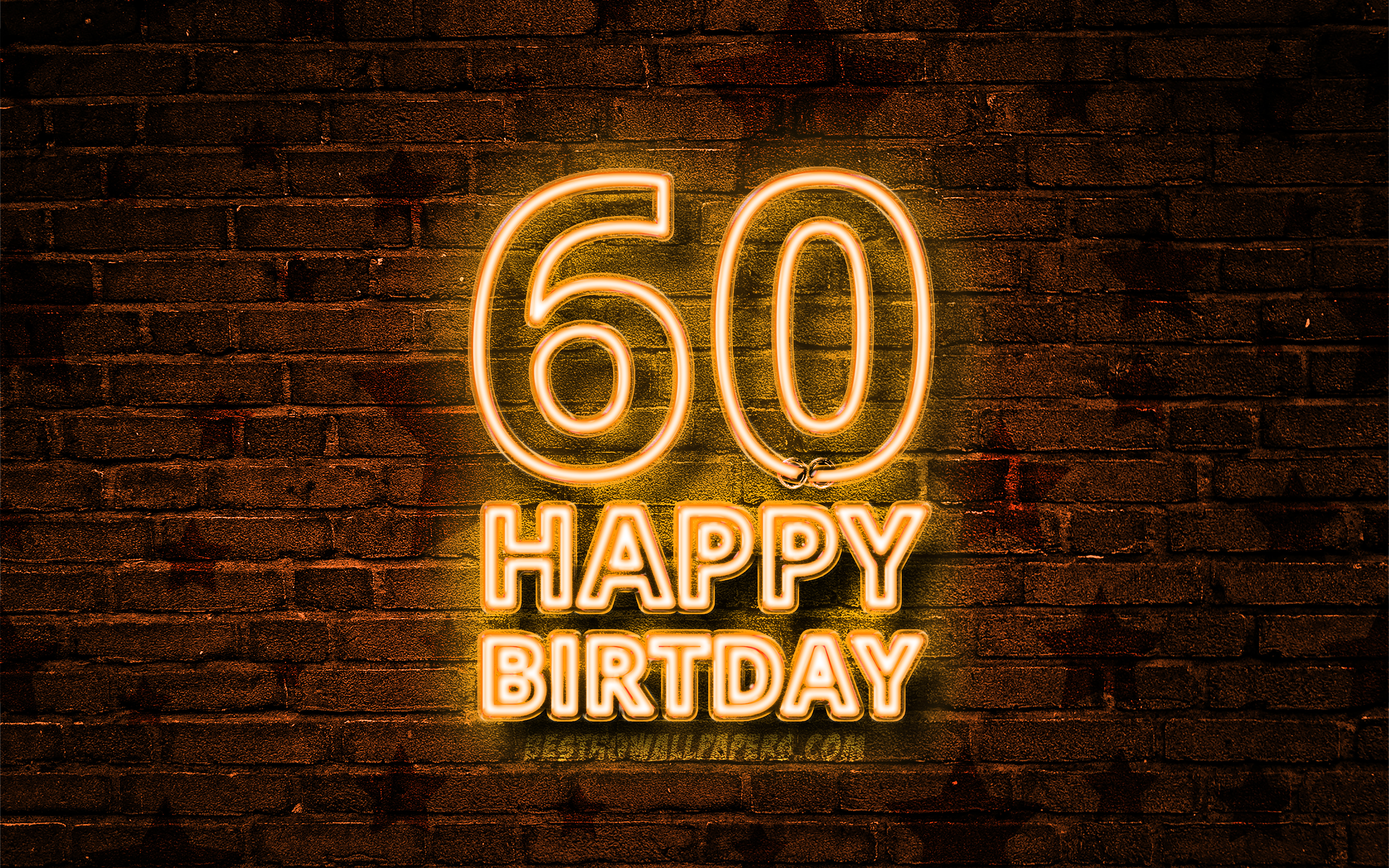 Download wallpaper Happy 60 Years Birthday, 4k, yellow neon text, 60th Birthday Party, yellow brickwall, Happy 60th birthday, Birthday concept, Birthday Party, 60th Birthday for desktop with resolution 3840x2400. High Quality HD