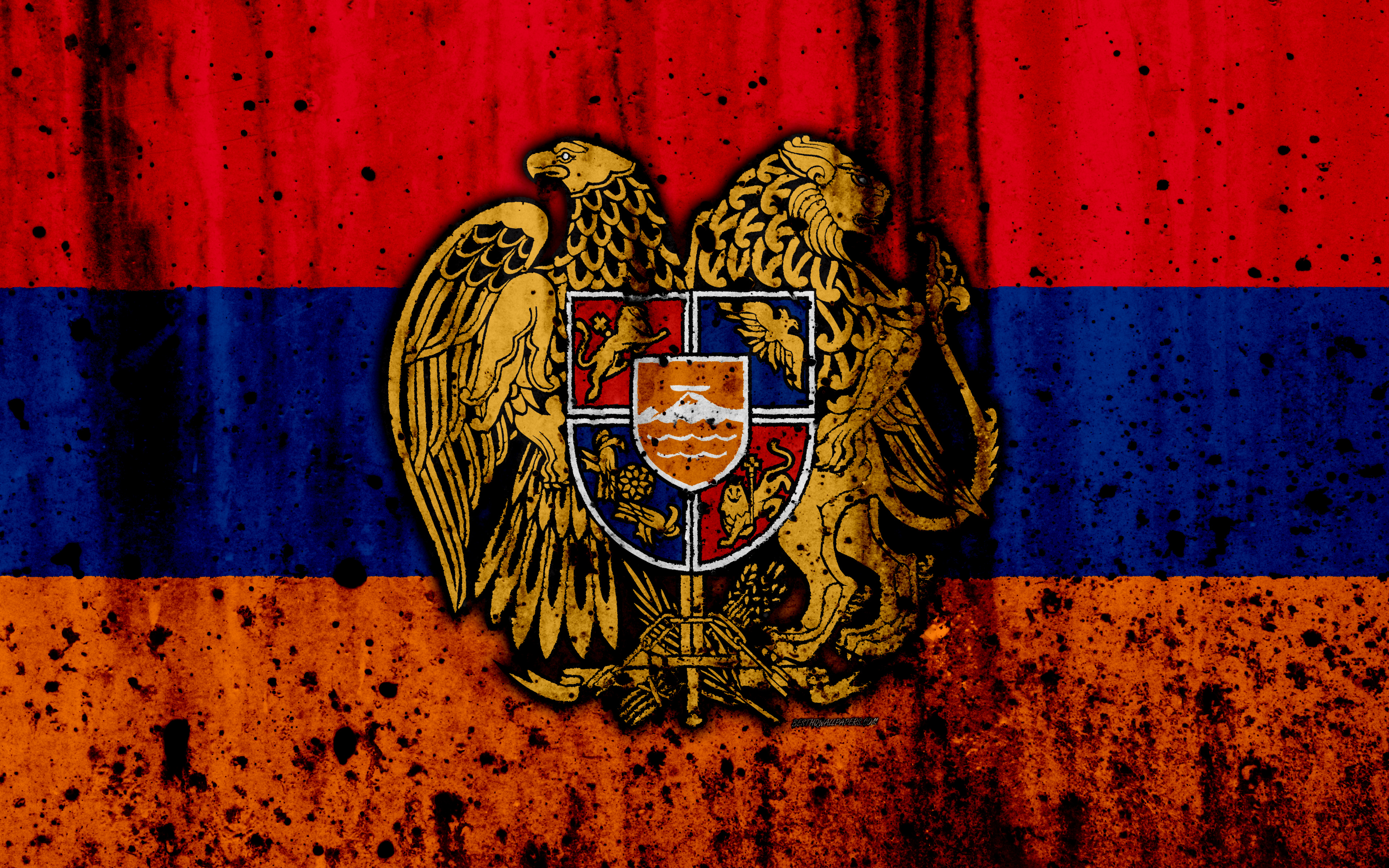 Download wallpaper Armenian flag, 4k, grunge, Asia, flag of Armenia, national symbols, Armenia, Armenian coat of arms, national flag for desktop with resolution 3840x2400. High Quality HD picture wallpaper