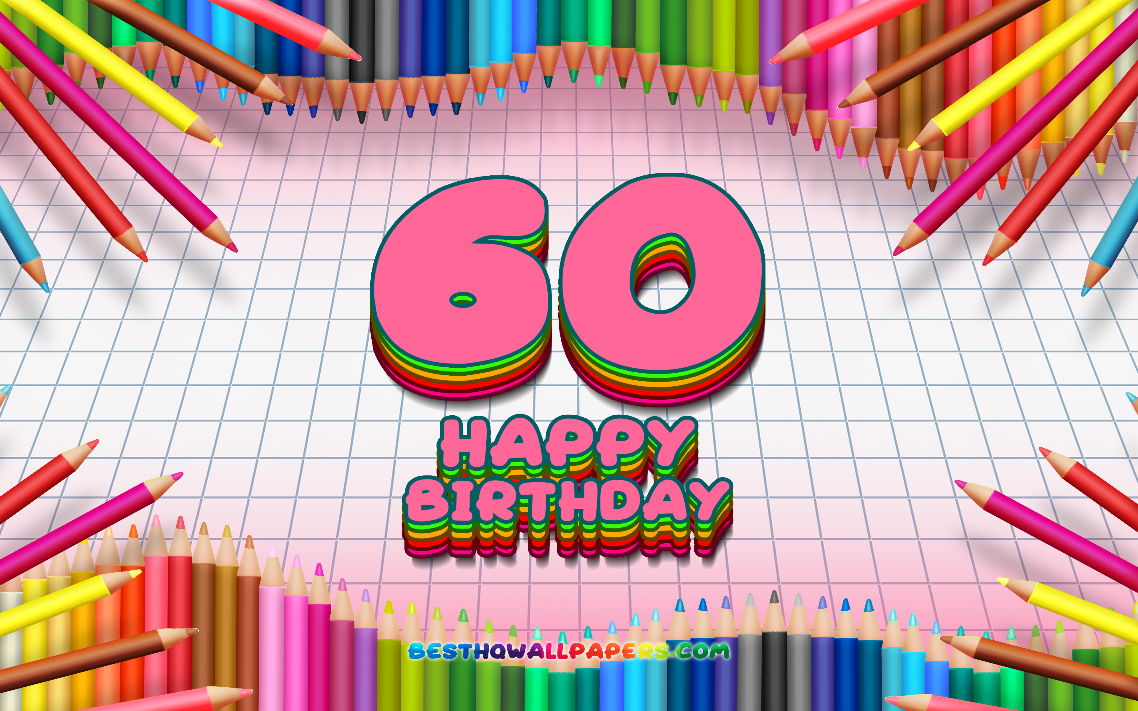 4k, Happy 60th Birthday, Colorful Pencils Frame, Birthday Happy Birthday Frames