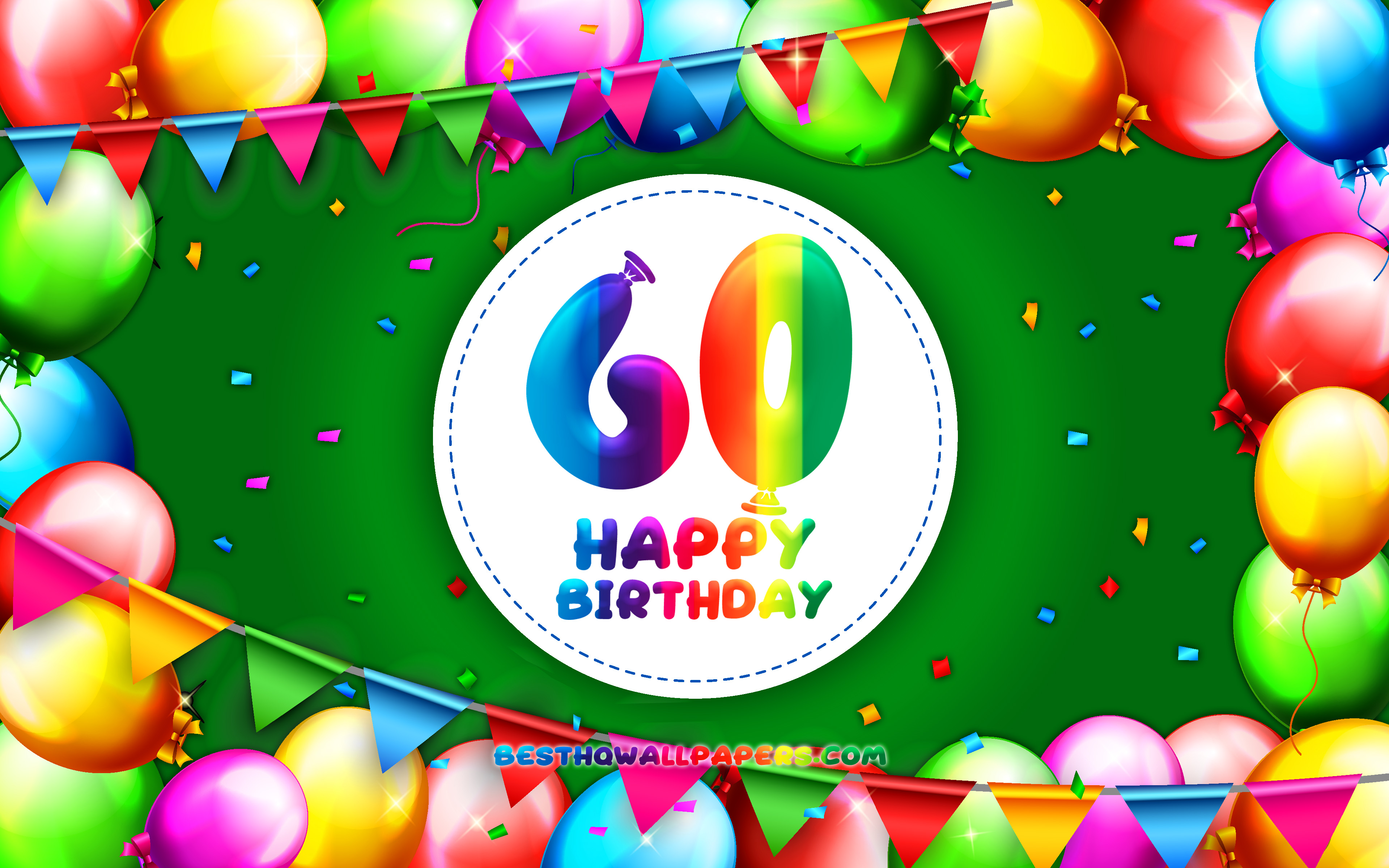 Download wallpaper Happy 60th birthday, 4k, colorful balloon frame, Birthday Party, green background, Happy 60 Years Birthday, creative, 60th Birthday, Birthday concept, 60th Birthday Party for desktop with resolution 3840x2400. High Quality