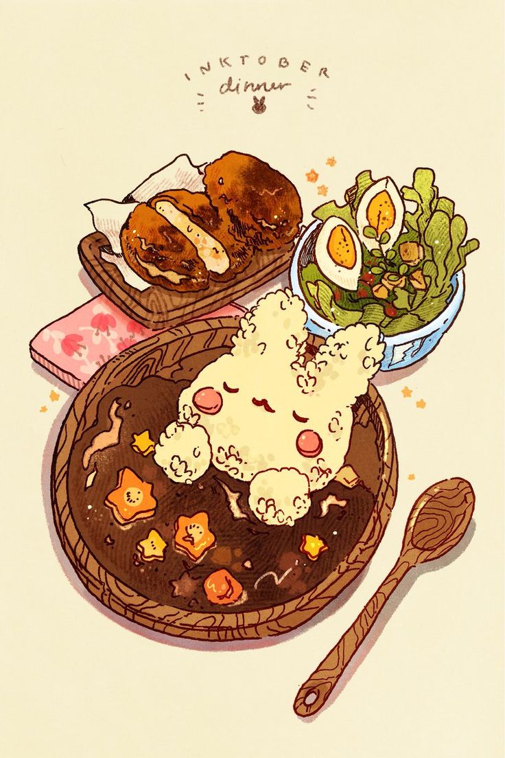 Inktober 4. A humble curry dinner! this will conclude the rabbit meal set. We will start with delicious. Cute food drawings, Cute food art, Food illustration art