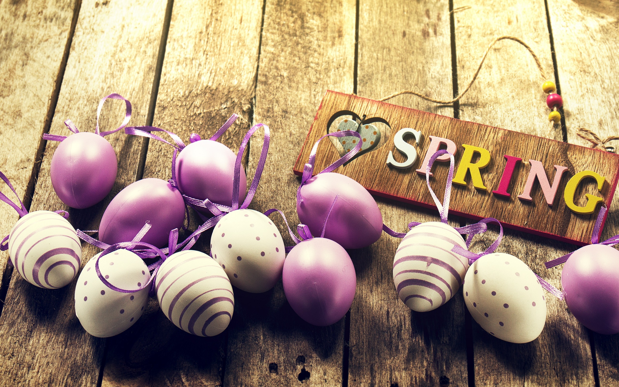Download wallpaper Purple easter eggs, spring, wooden background, Easter, painted eggs for desktop with resolution 2560x1600. High Quality HD picture wallpaper