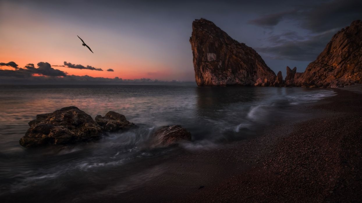 Landscape Crimea the sea rocks beach sunset bird wallpaperx1080
