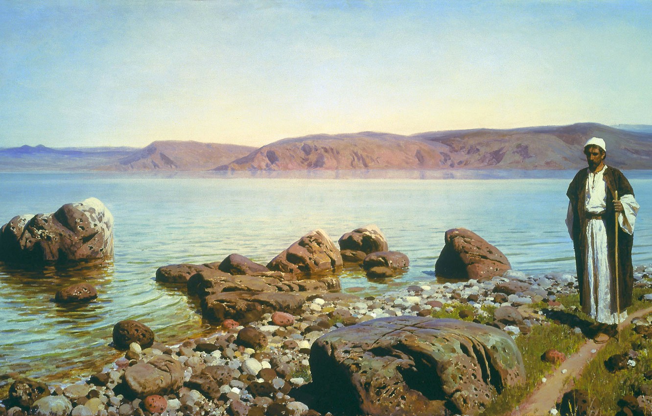 Wallpaper landscape, mountains, picture, traveler, Vasily Polenov, On the sea of Galilee image for desktop, section живопись