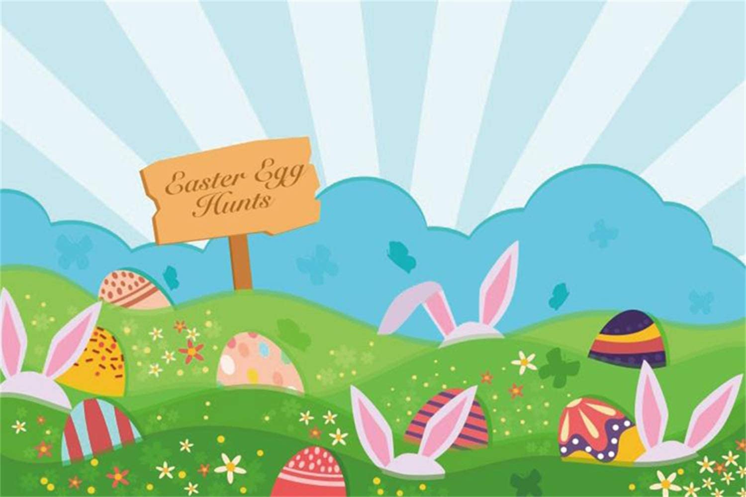 Amazon.com, Laeacco Vinyl 5x3ft Cartoon Easter Day Backdrops Easter Egg Hunts Wooden Sign Colorful Funny Easter Eggs Big Cute Bunny Ears Floral Grassland Radial Stripes Background Community Activities Banner