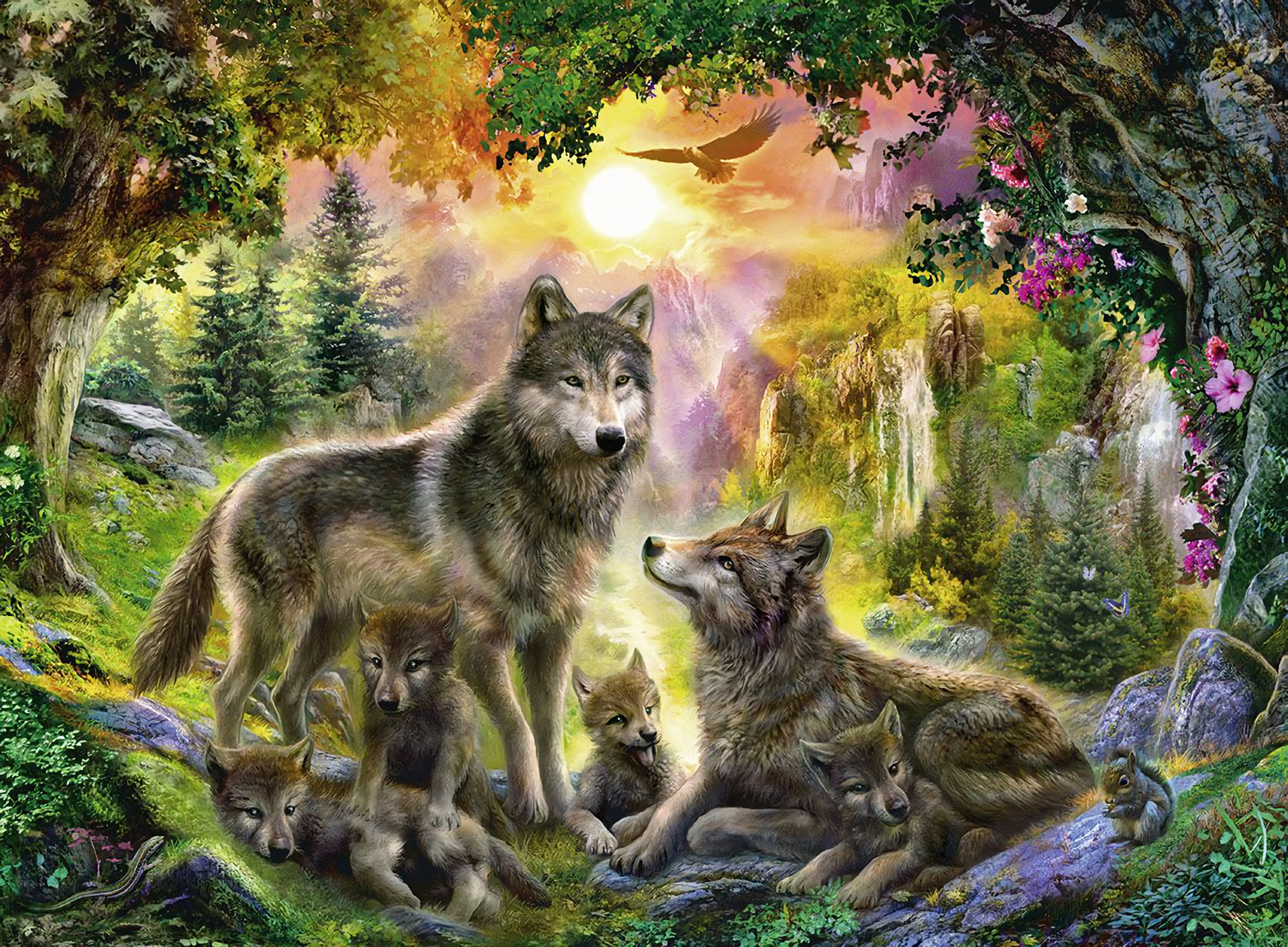 Wolf Family in Enchanted Forest HD Wallpaper