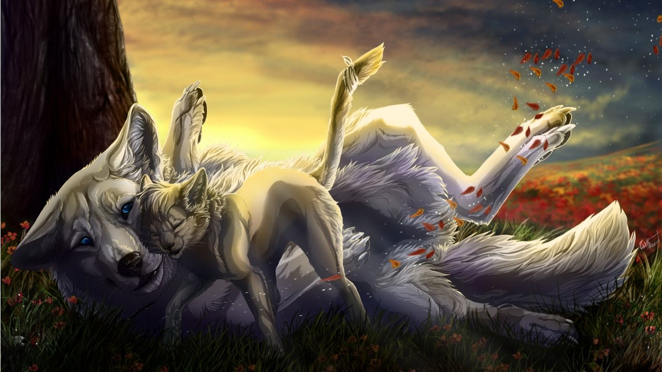 picture of fantasy wolves and cats. Anime Wolfs Free Wolf Family Wallpaper with 1366x768 Resolution. Fantasy, Animal wallpaper, Anime wolf