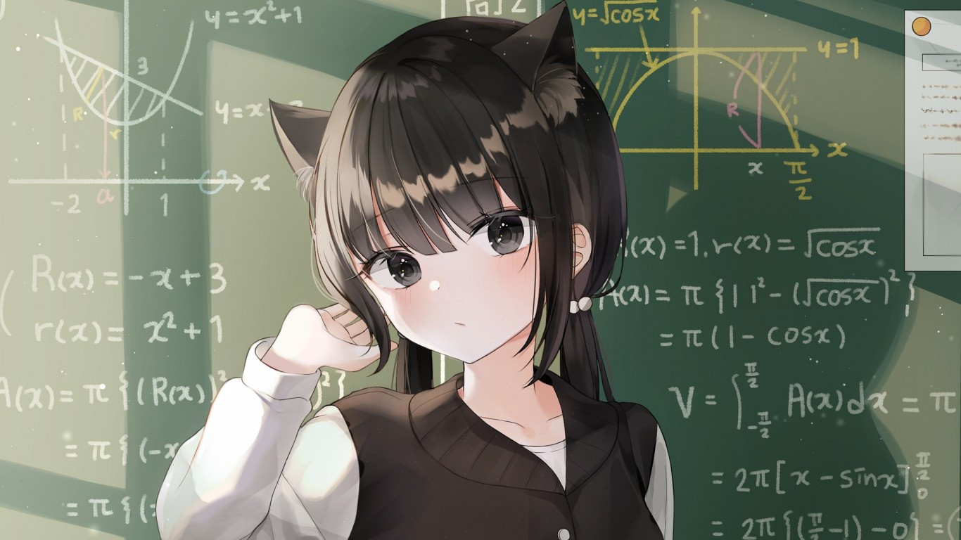 Download 1366x768 Cute Anime Girl, Black Hair, Animal Ears, Cat Girl Wallpaper for Laptop, Notebook