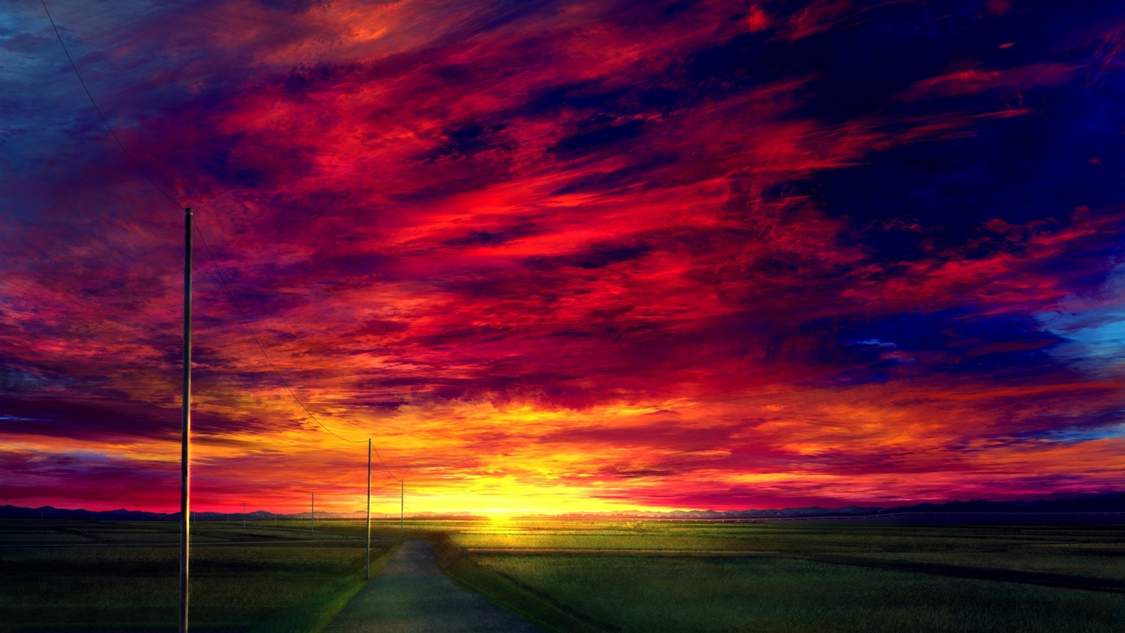 Download 3840x2160 Anime Landscape, Sunset, Red Sky, Realistic, Field, Scenic Wallpaper for UHD TV