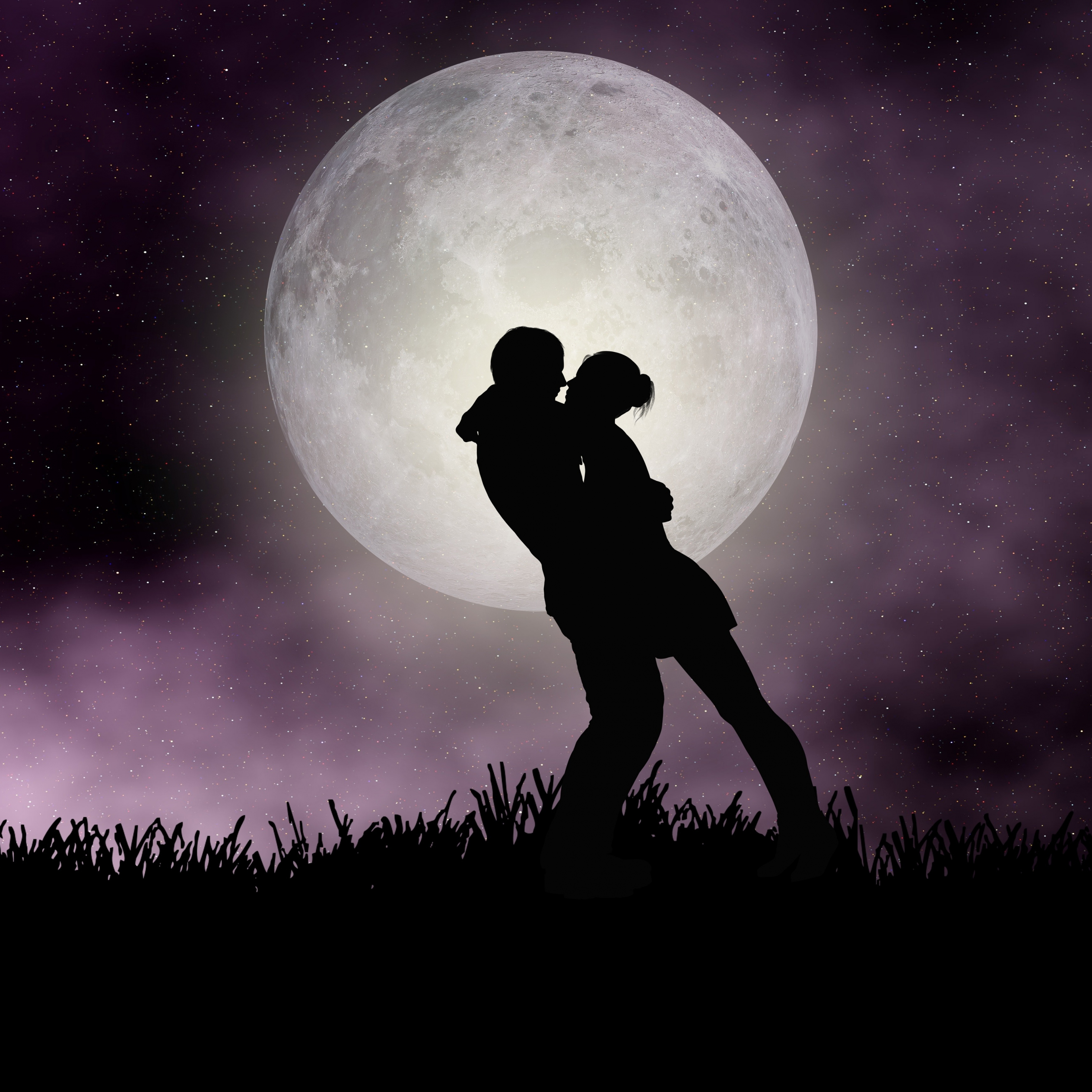 Download moon, romantic night, couple, silhouette, art 2932x2932 wallpaper, ipad pro retina, 2932x2932 image, background, 19759