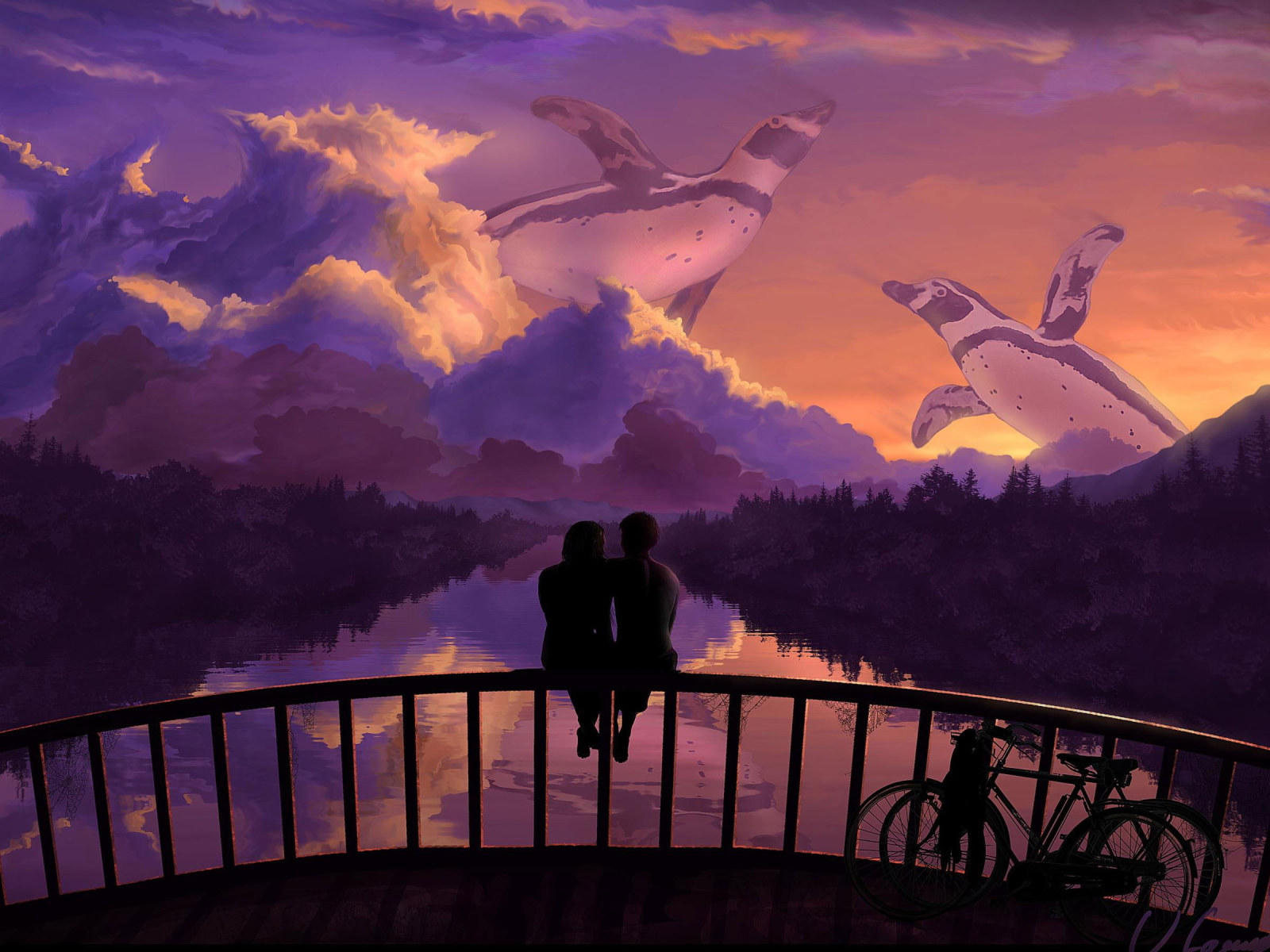 Romantic Couple Bridge Sunset Art Wallpaper, Other Love, Penguins, Bikes • Wallpaper For You