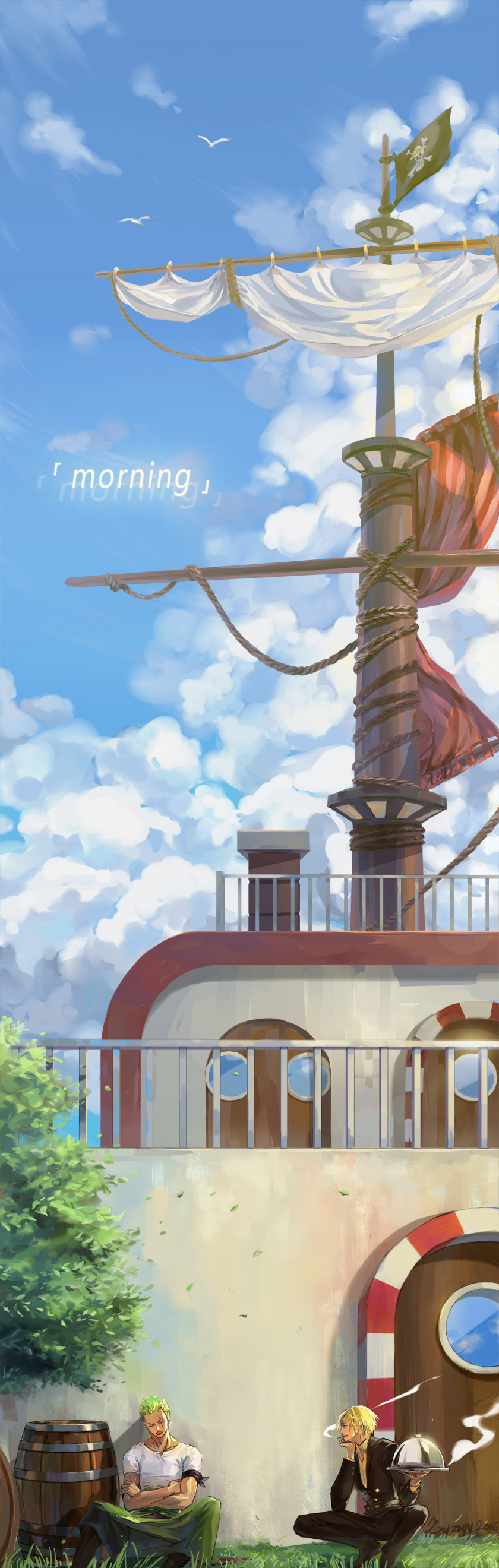 roronoa zoro, sanji, and thousand sunny