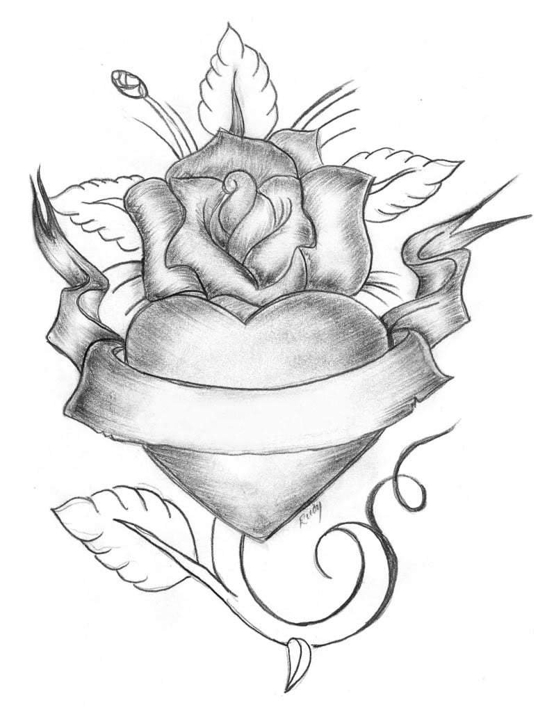 Heart and Rose Drawing, Pencil, Sketch, Colorful, Realistic Art Image