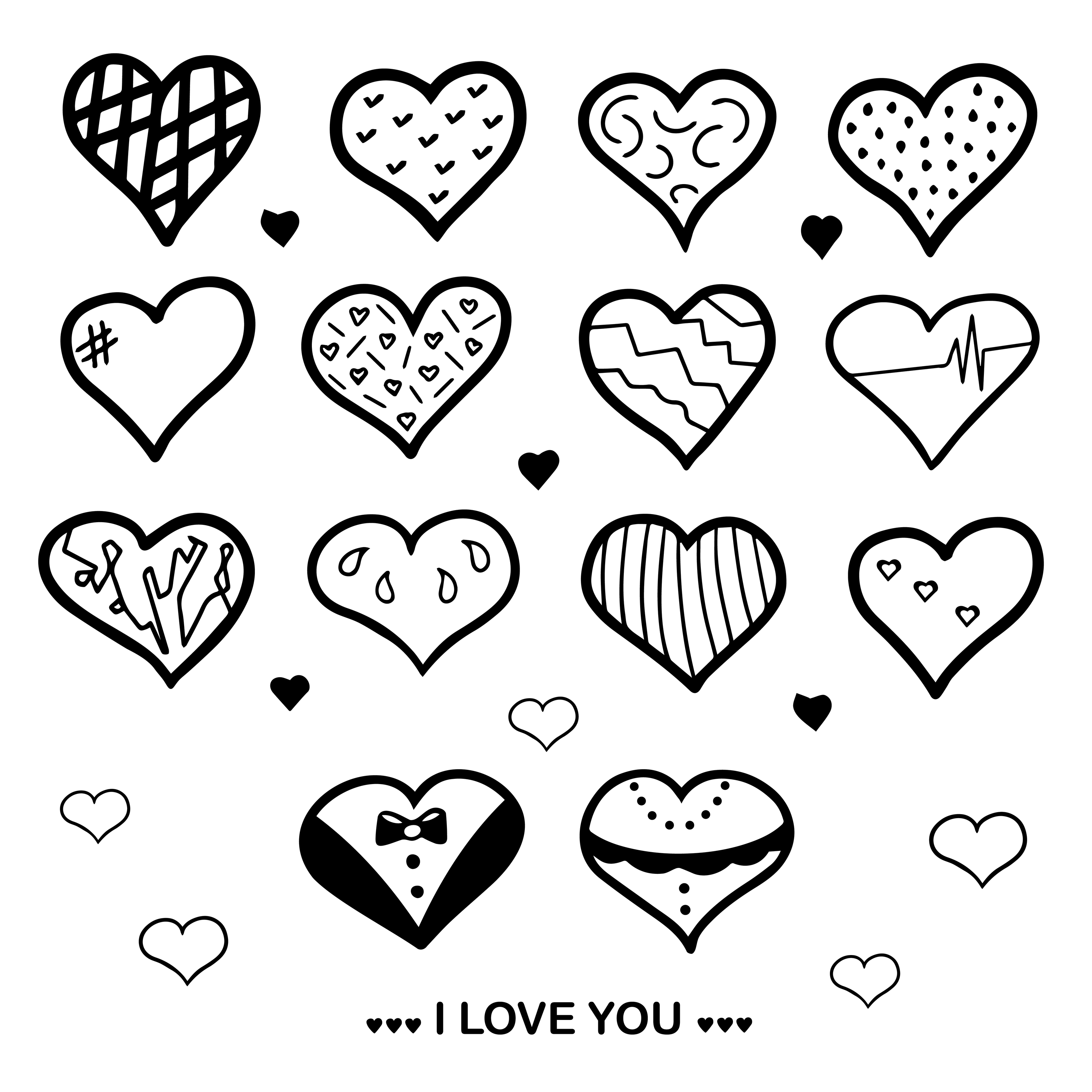 hearts collection, i love you, doodle. Illustration for background, wallpaper, covers, packaging, greeting cards, posters, stickers, textile, seasonal design. Isolated on white background