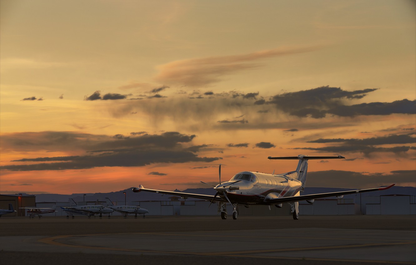 Wallpaper Sunset, The Plane, The Airfield, PILATUS, PC 12 Image For Desktop, Section авиация