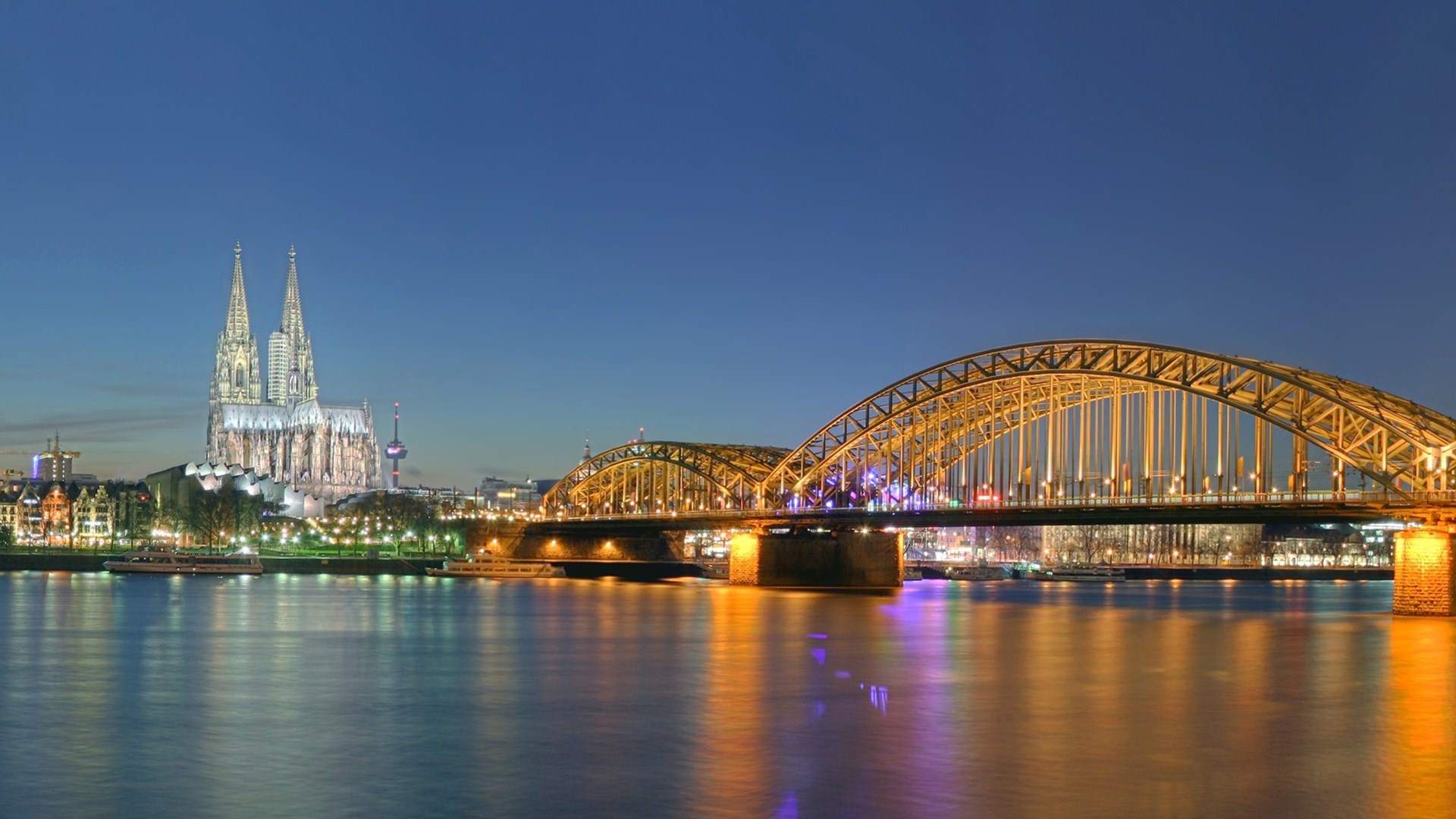 Cologne Germany city night lights bridge cathedral river wallpaperx1080