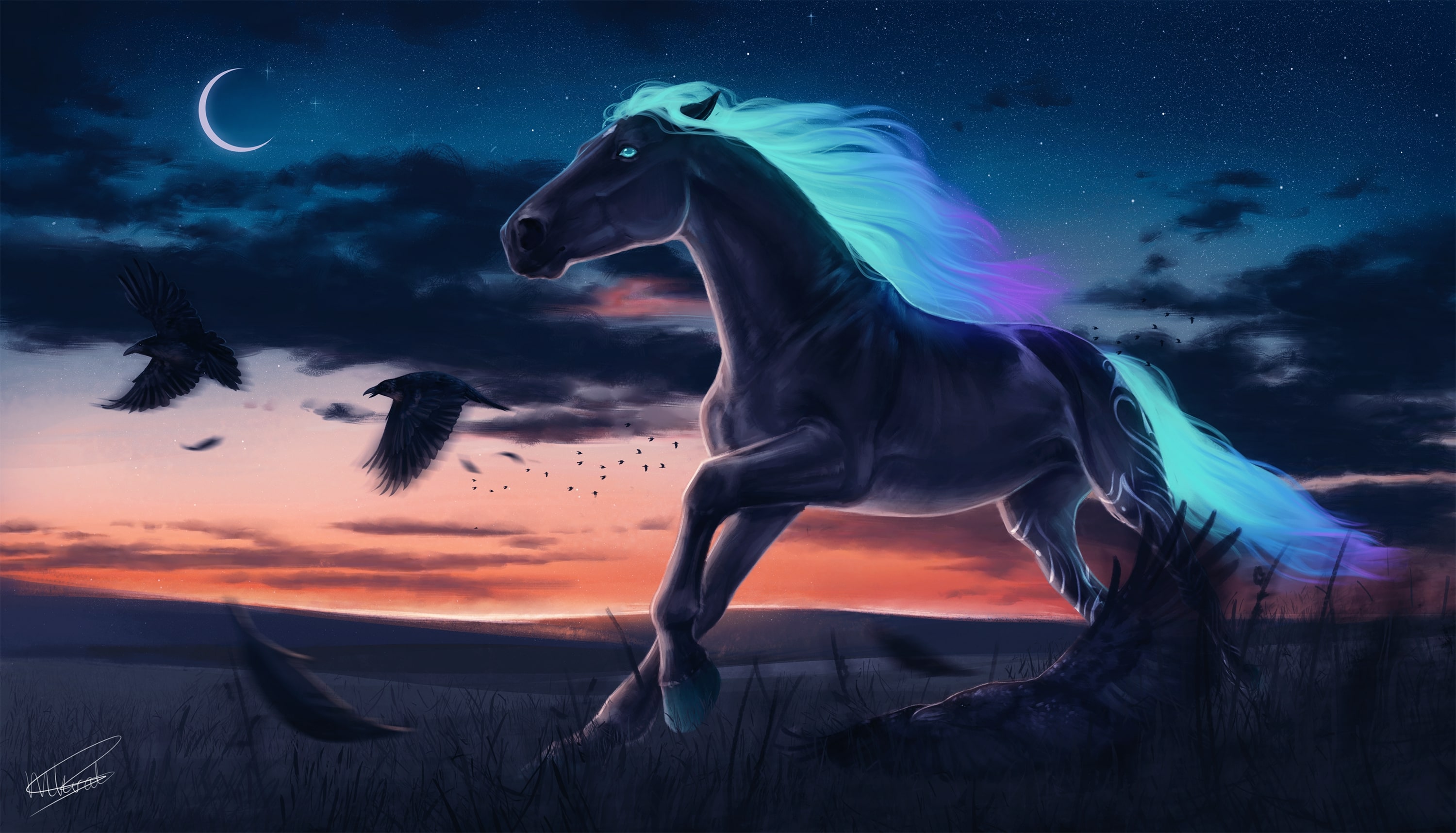 Wallpaper Crow, Fantasy, Horse, Moon, Night background
