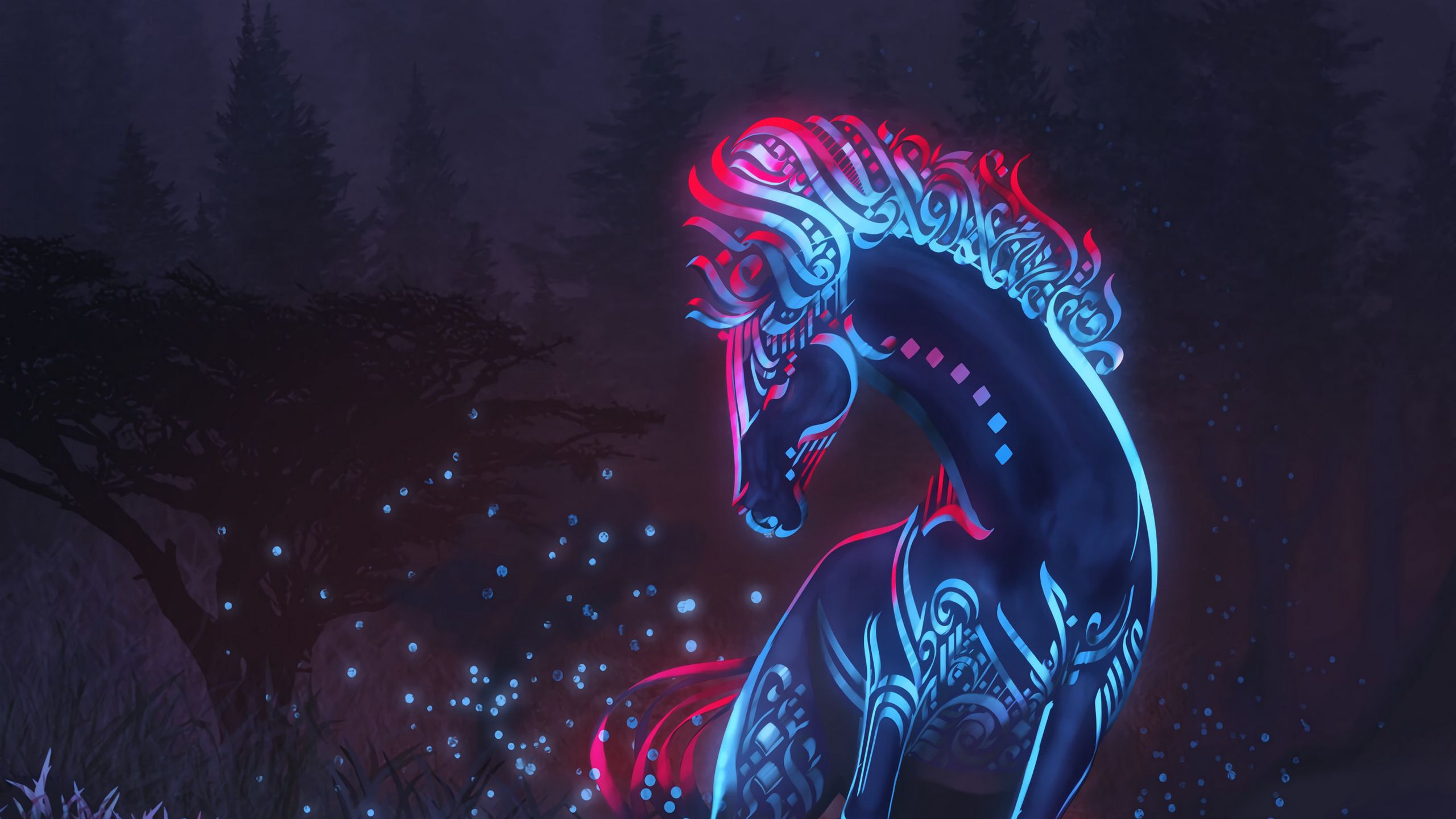 Download wallpaper 2560x1440 horse, fantasy, pattern, particles, art widescreen 16:9 HD background