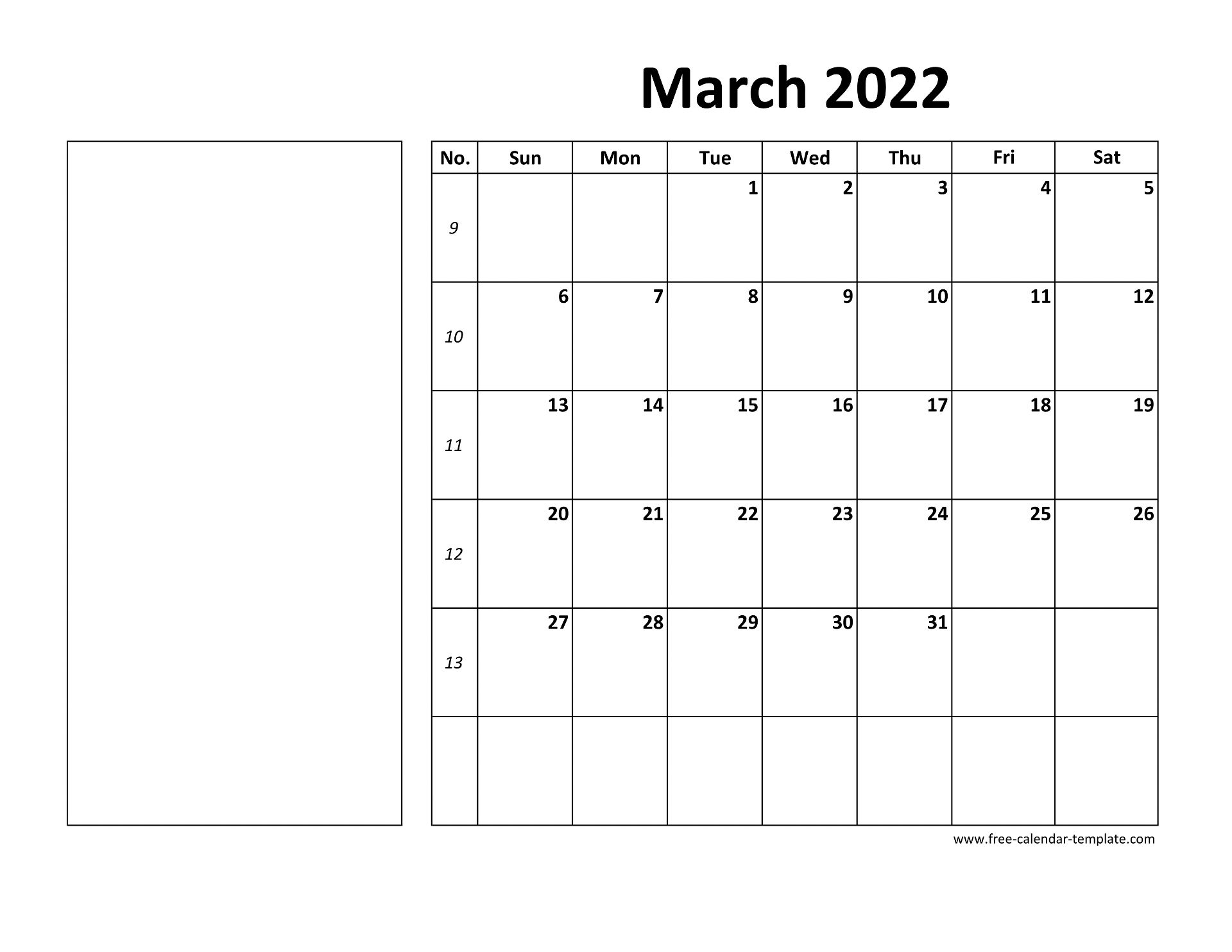Printable March 2022 Calendar (box And Lines For Notes). Free Calendar .com