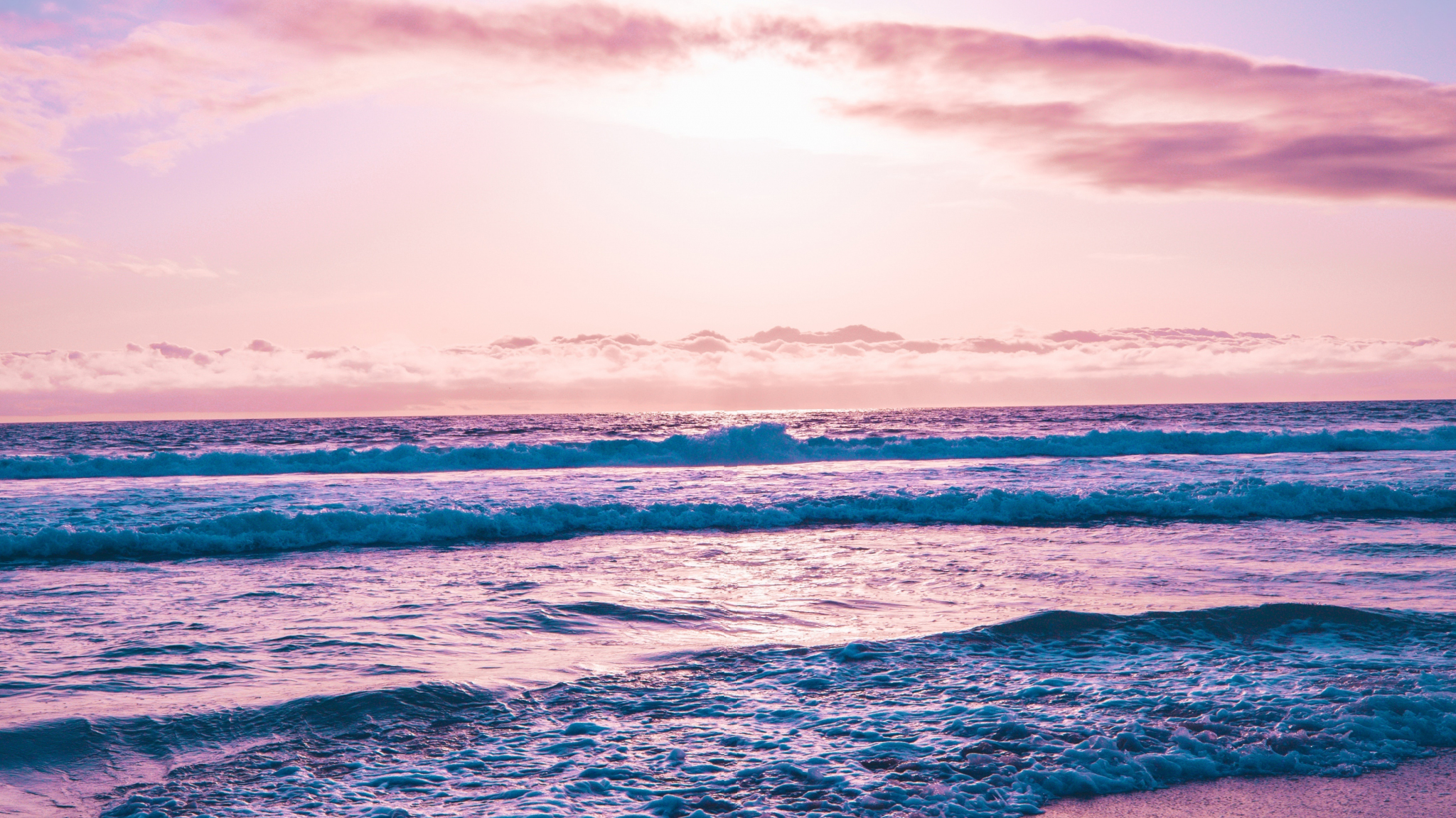 Download seashore, sea waves, sunset, beach 2048x1152 wallpaper, dual wide 2048x1152 HD image, background, 20584