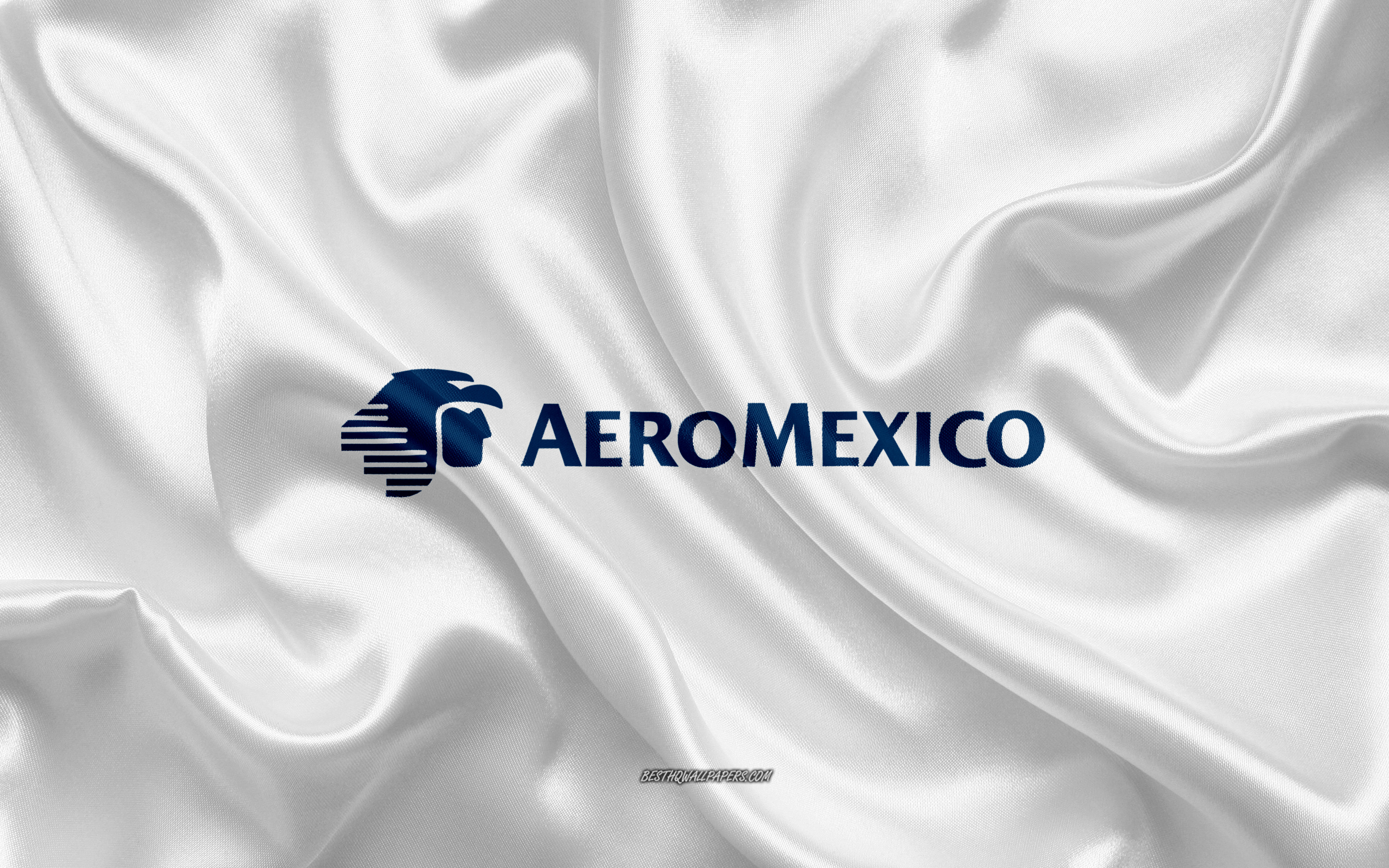 Download wallpaper Aeromexico logo, airline, white silk texture, airline logos, Aero Mexico emblem, silk background, silk flag, Aeromexico for desktop with resolution 3840x2400. High Quality HD picture wallpaper