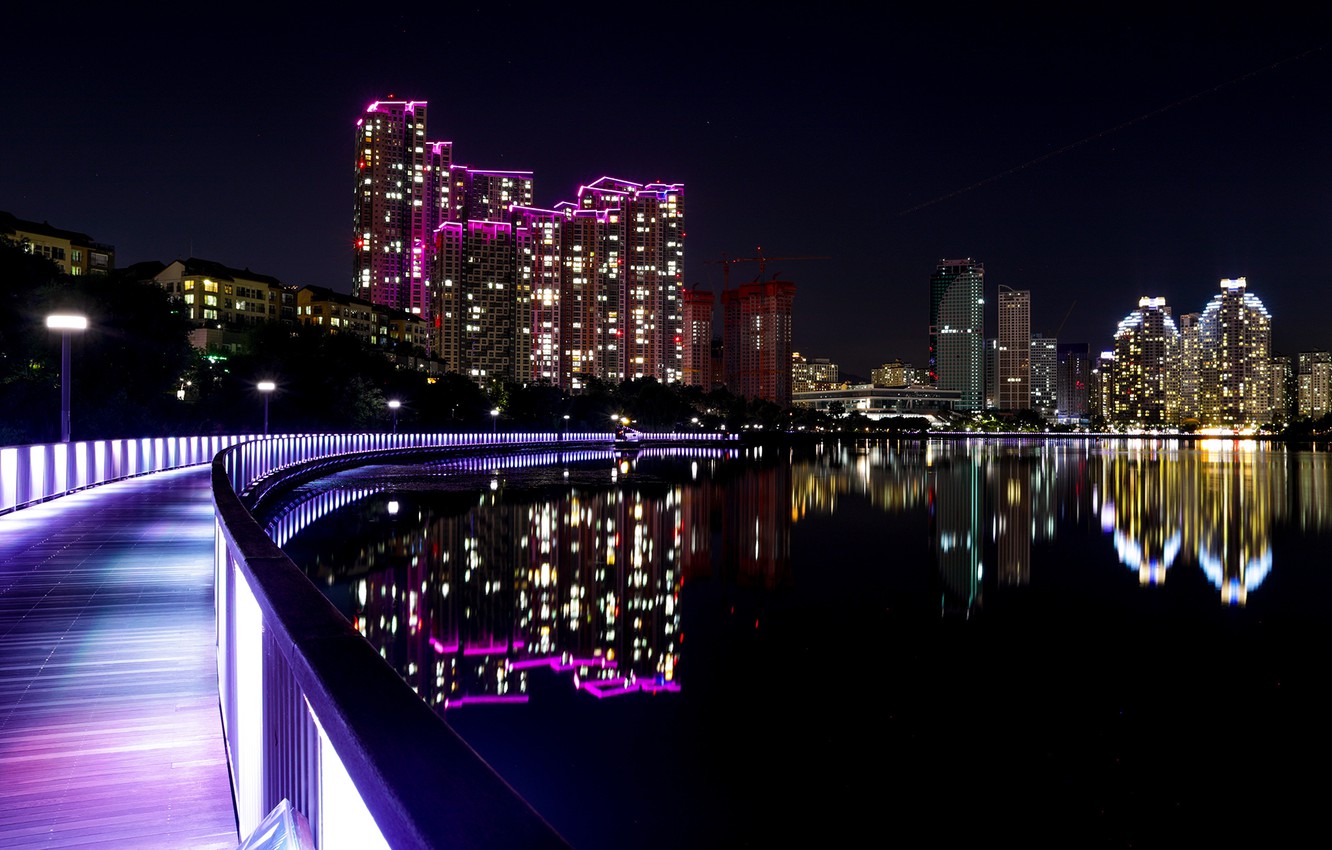 Wallpaper night, bridge, river, building, skyscrapers, South Korea image for desktop, section город