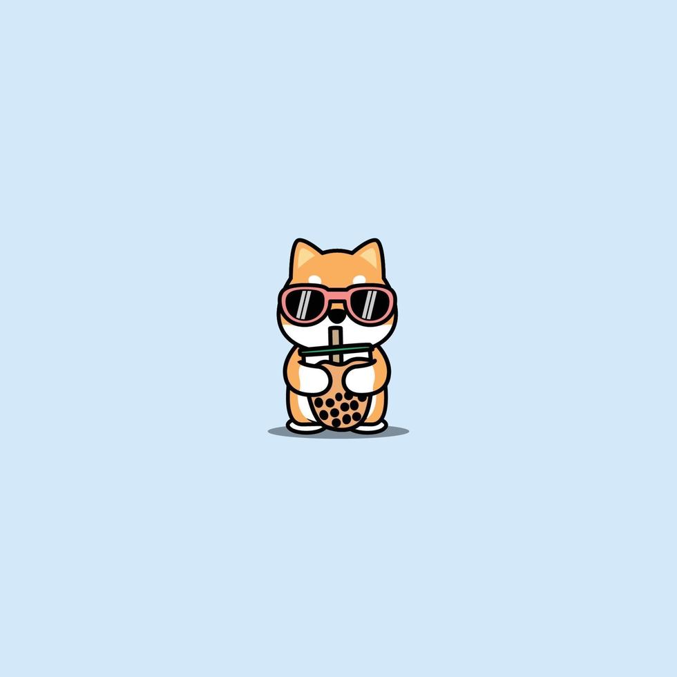 Cute shiba inu dog with sunglasses drinking bubble tea cartoon, vector illustration