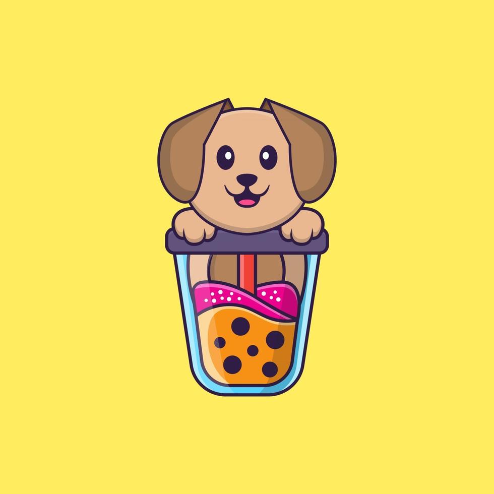 Cute Dog Drinking Boba Milk Tea. Animal Cartoon Concept Isolated. Can Used For T Shirt, Greeting Card, Invitation Card Or Mascot. Flat Cartoon Style