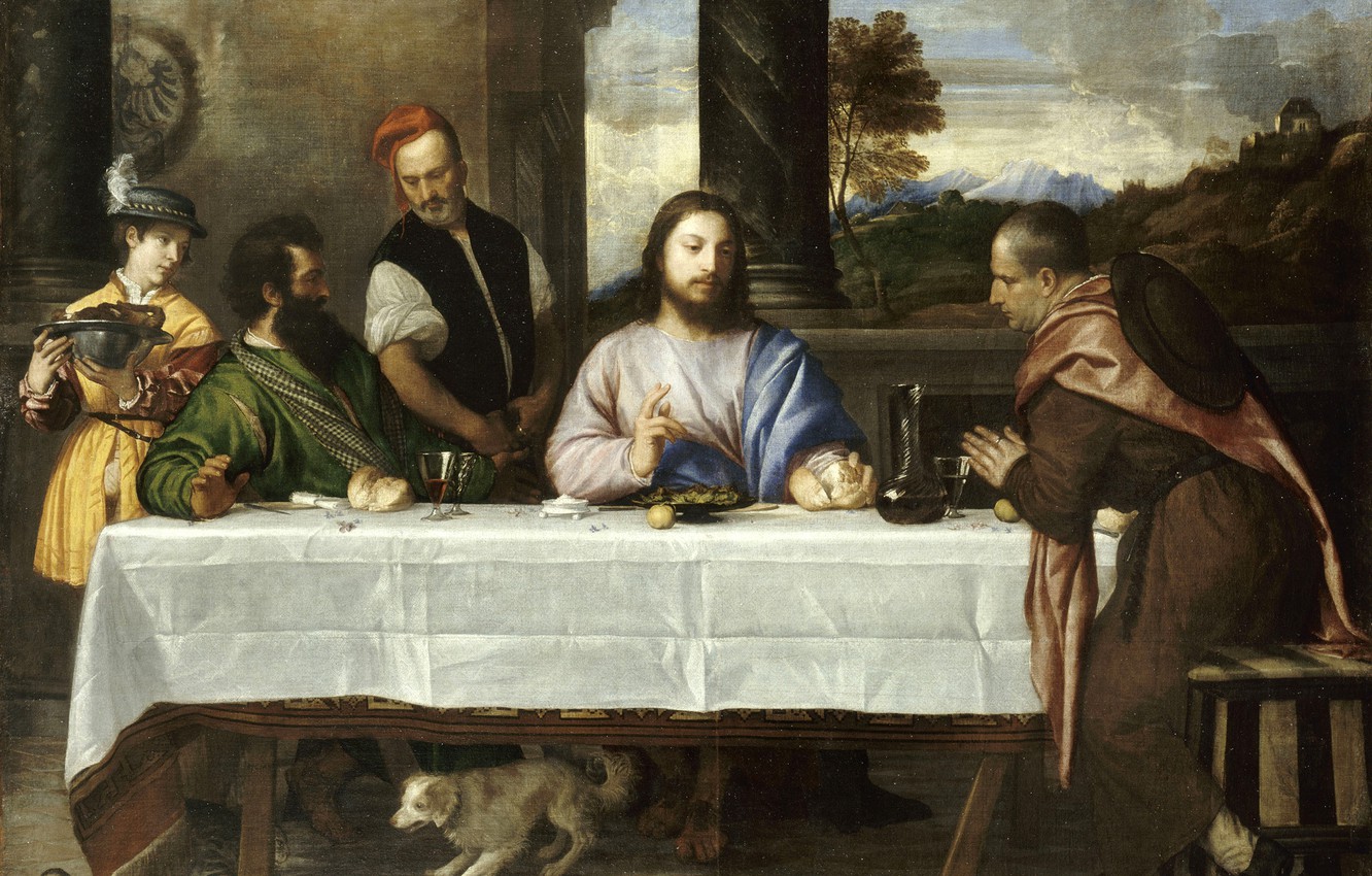 Wallpaper wine, picture, The Louvre, bread, dog, gesture, wine, painting, jesus christ, the story of the Bible, bread, table, students, Supper at Emmaus, white tablecloth, Titien image for desktop, section живопись