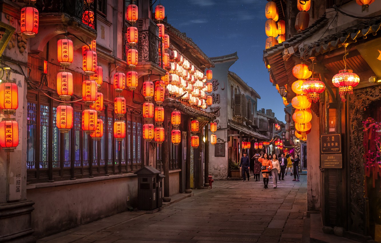 Wallpaper people, street, China, home, the evening, China, lanterns image for desktop, section город