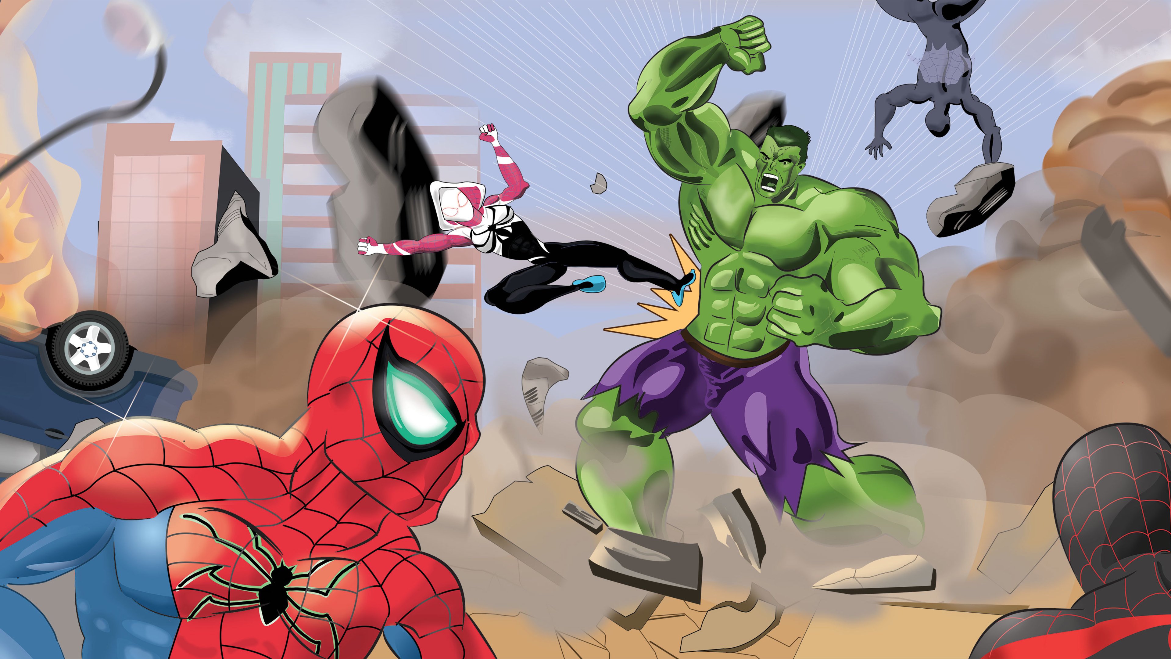Wallpaper 4k SpiderMan And Spider Woman Team Versus The Hulk Wallpaper