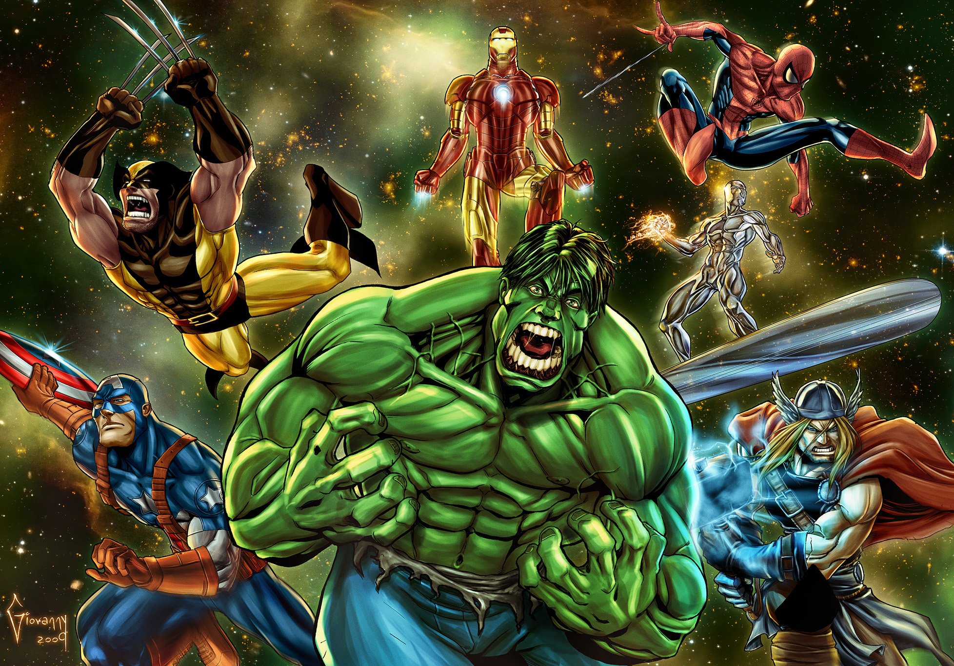 Captain America Hulk Iron Man Marvel Comics Silver Surfer Spider Man Thor Wolverine Wallpaper:1956x1366