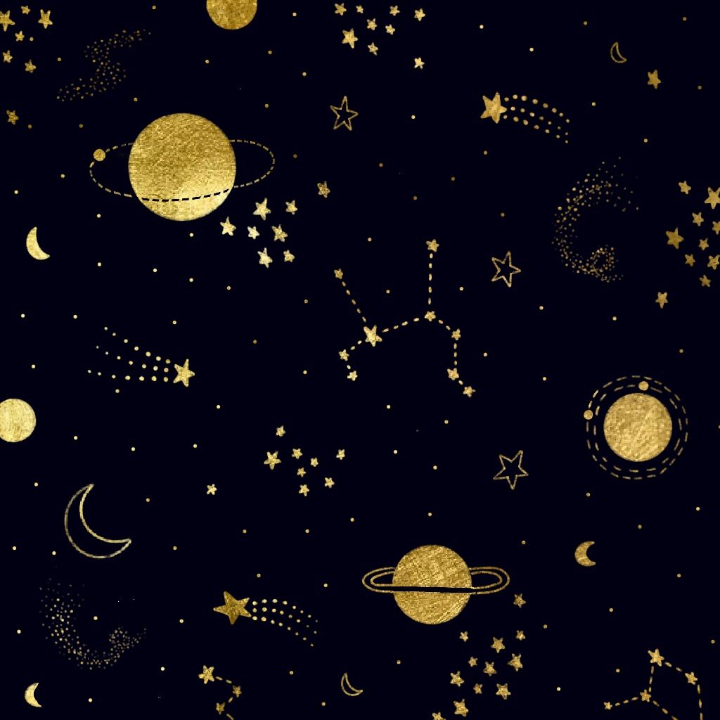 Black and Gold Space Wallpaper. Gold star wallpaper, Black and gold aesthetic, Moon and stars wallpaper