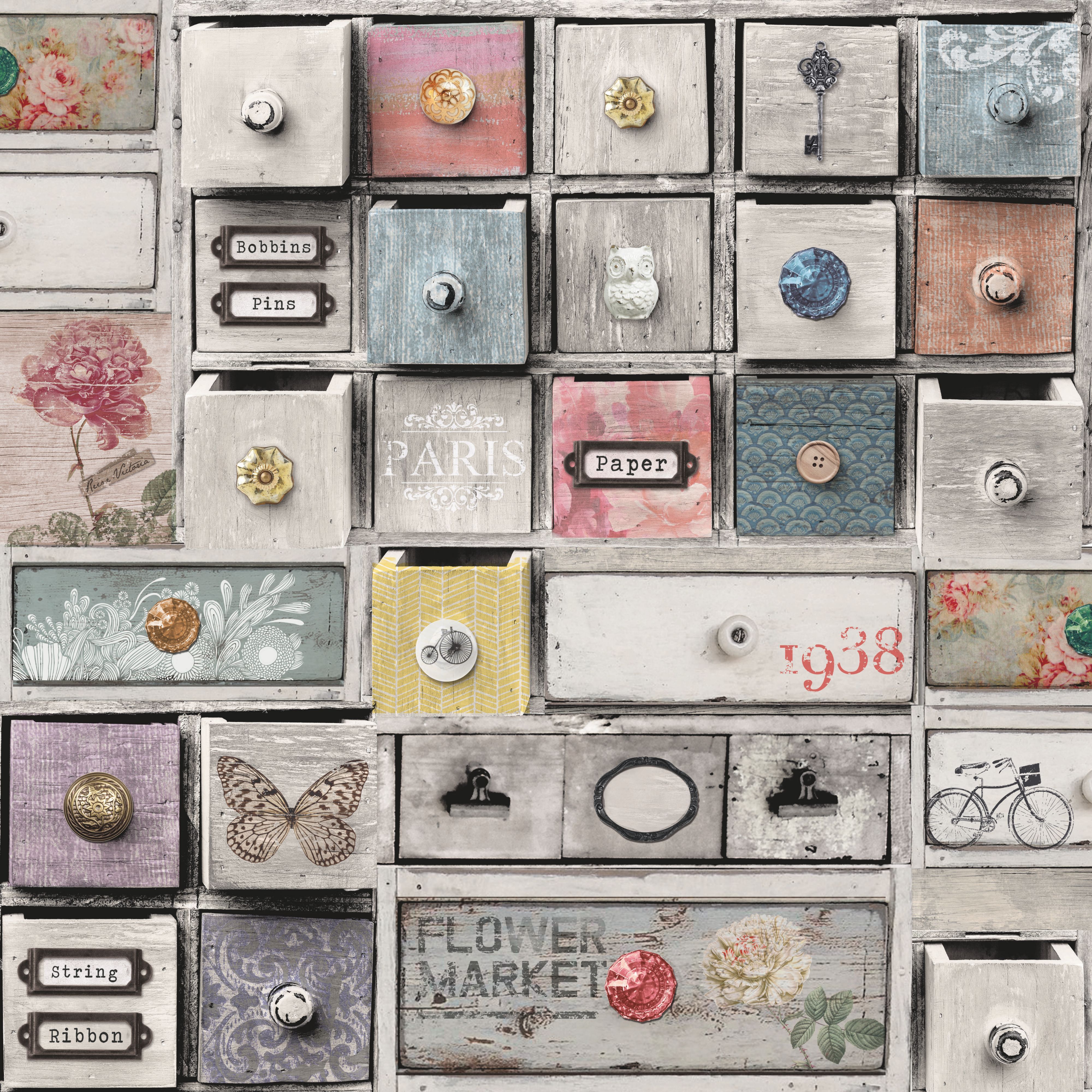 Apothecary Drawers Wallpaper. Departments. DIY at B&Q. Shabby chic wallpaper, Diy wallpaper, Chic wallpaper