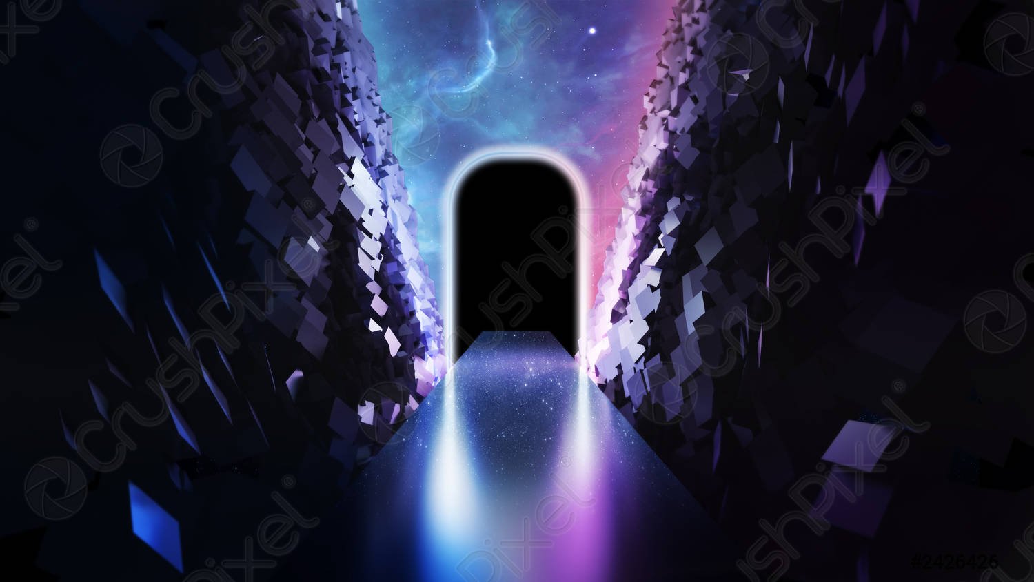3D abstract neon background glowing rectangular portal in cyber space