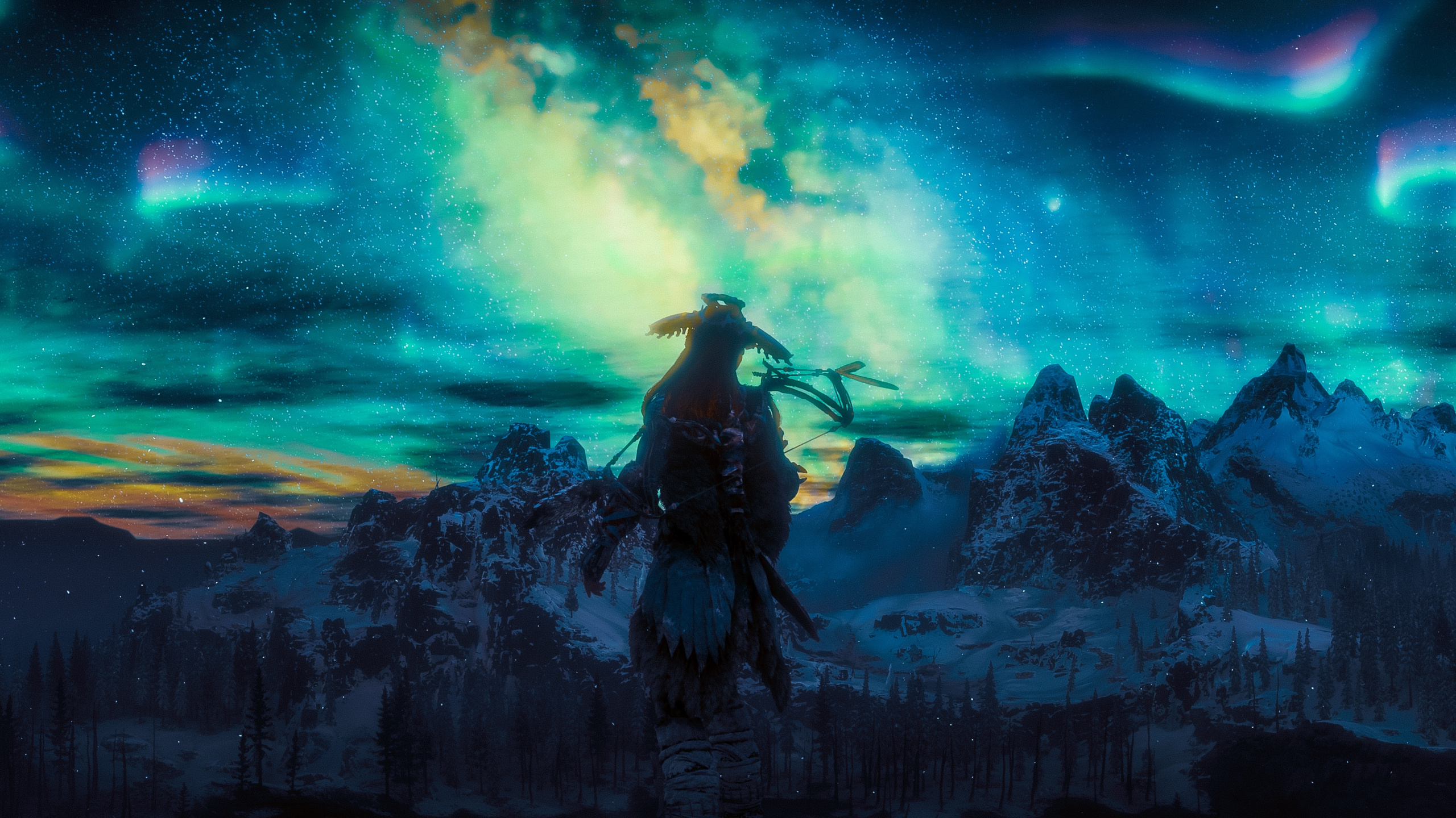 Download Northern Lights, Aloy, video game, Horizon Zero Dawn wallpaper, 2560x1440, Dual Wide, Widescreen 16:9, Widescreen